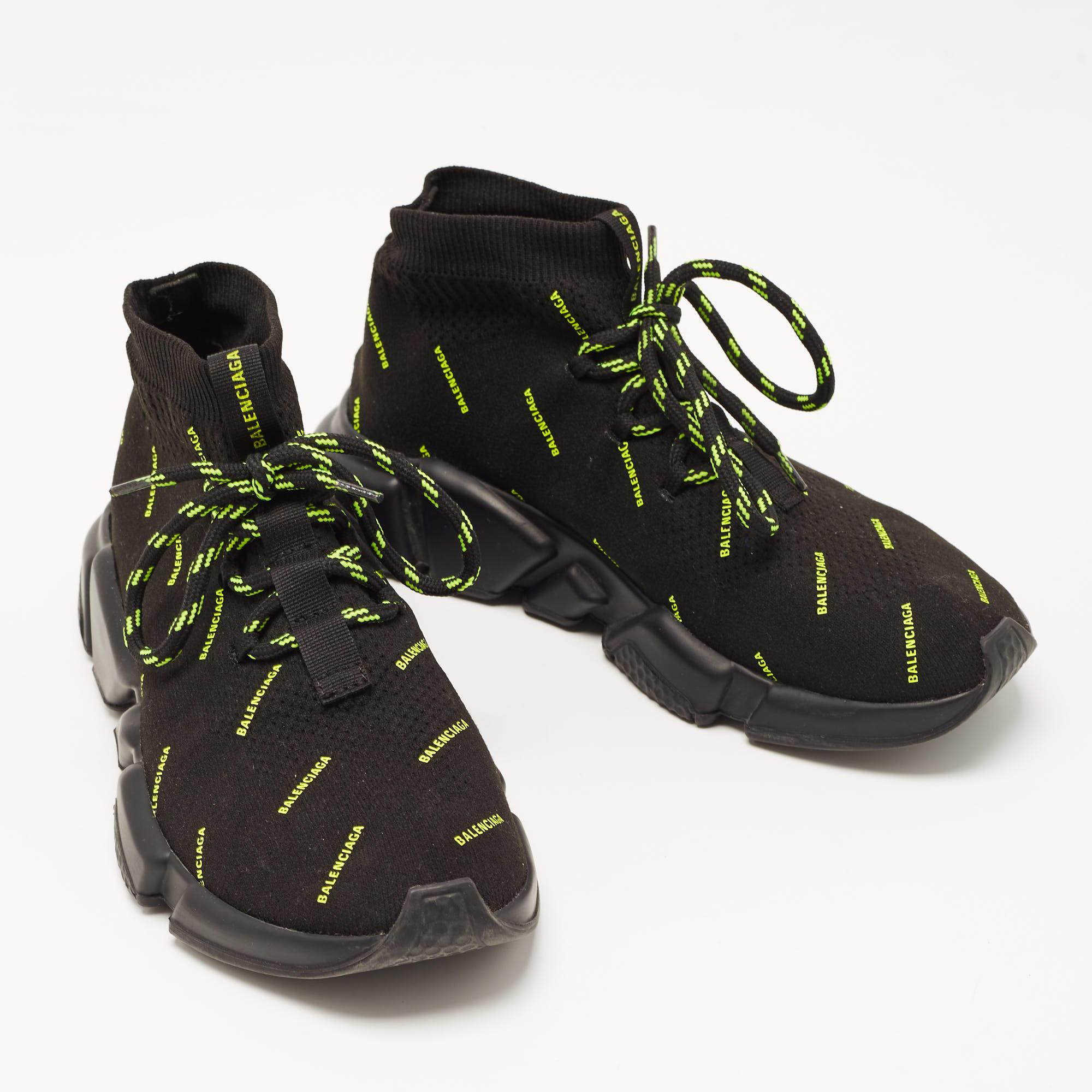 Balenciaga Black/Neon Green Logo Print Knit Fabric Speed Trainer Sneakers Size 3 In Good Condition In Dubai, Al Qouz 2