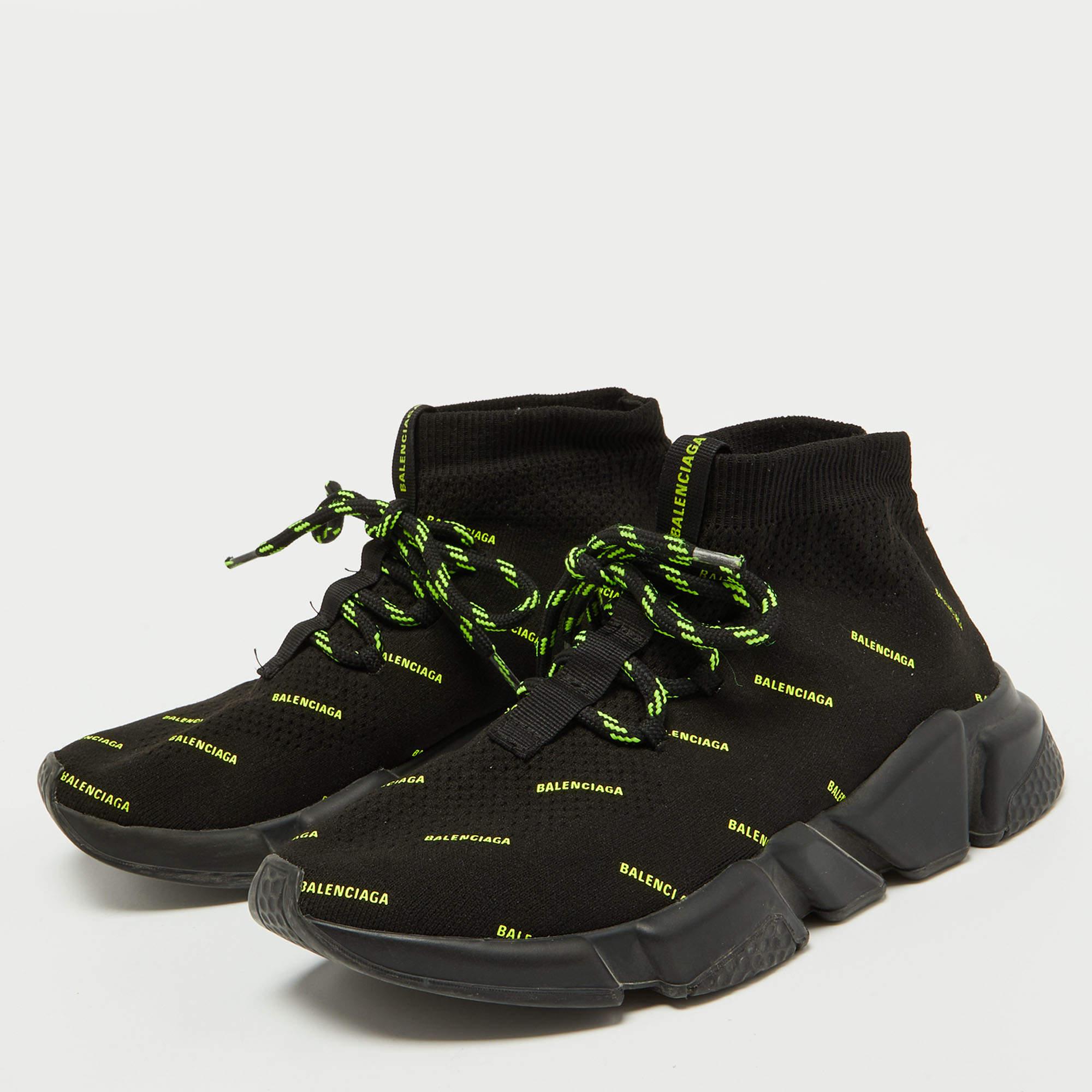 Women's Balenciaga Black/Neon Green Logo Print Knit Fabric Speed Trainer Sneakers Size 3