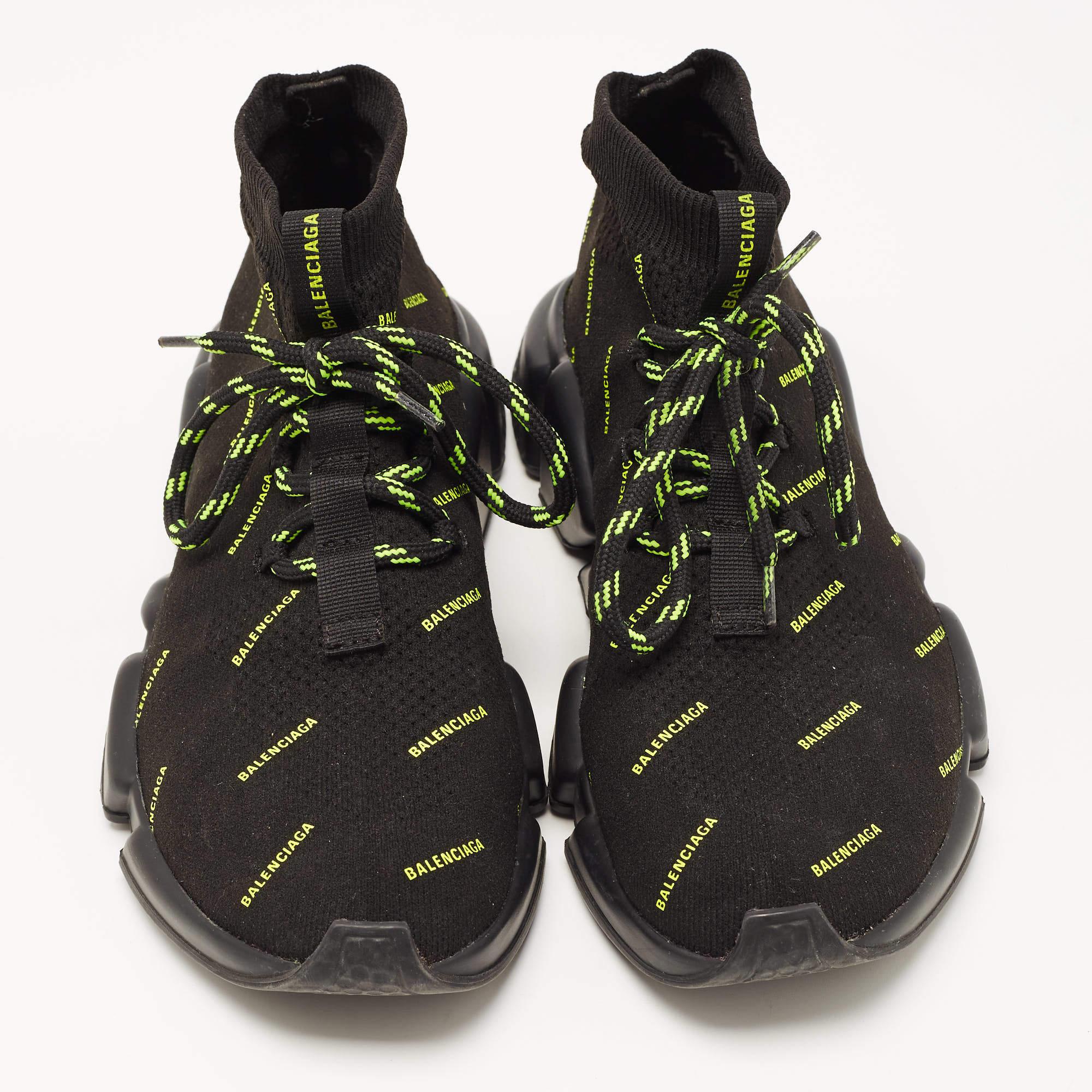 Men's Balenciaga Black/Neon Green Logo Print Knit Fabric Speed Trainer Sneakers Size 3
