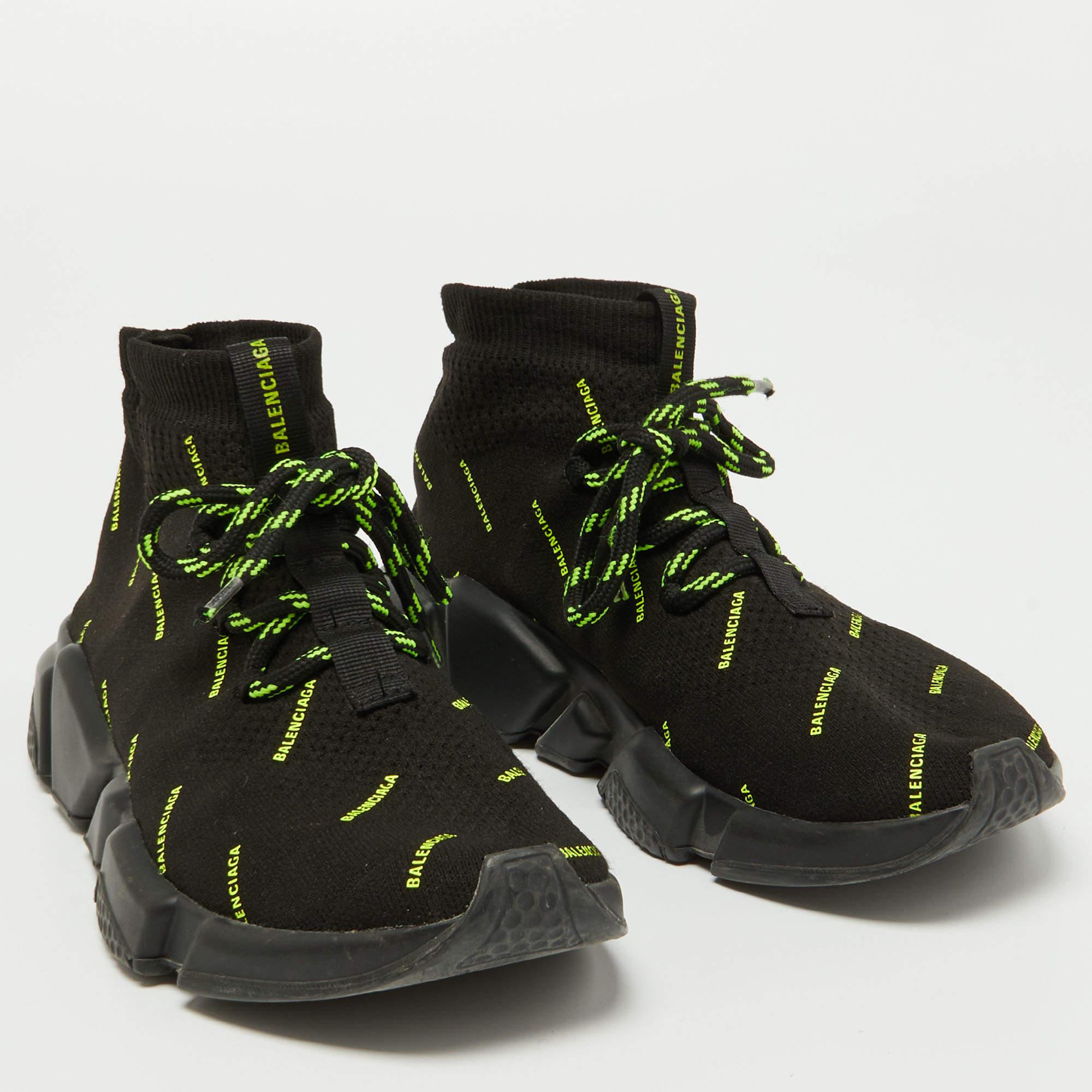 Balenciaga Black/Neon Green Logo Print Knit Fabric Speed Trainer Sneakers Size 3 1