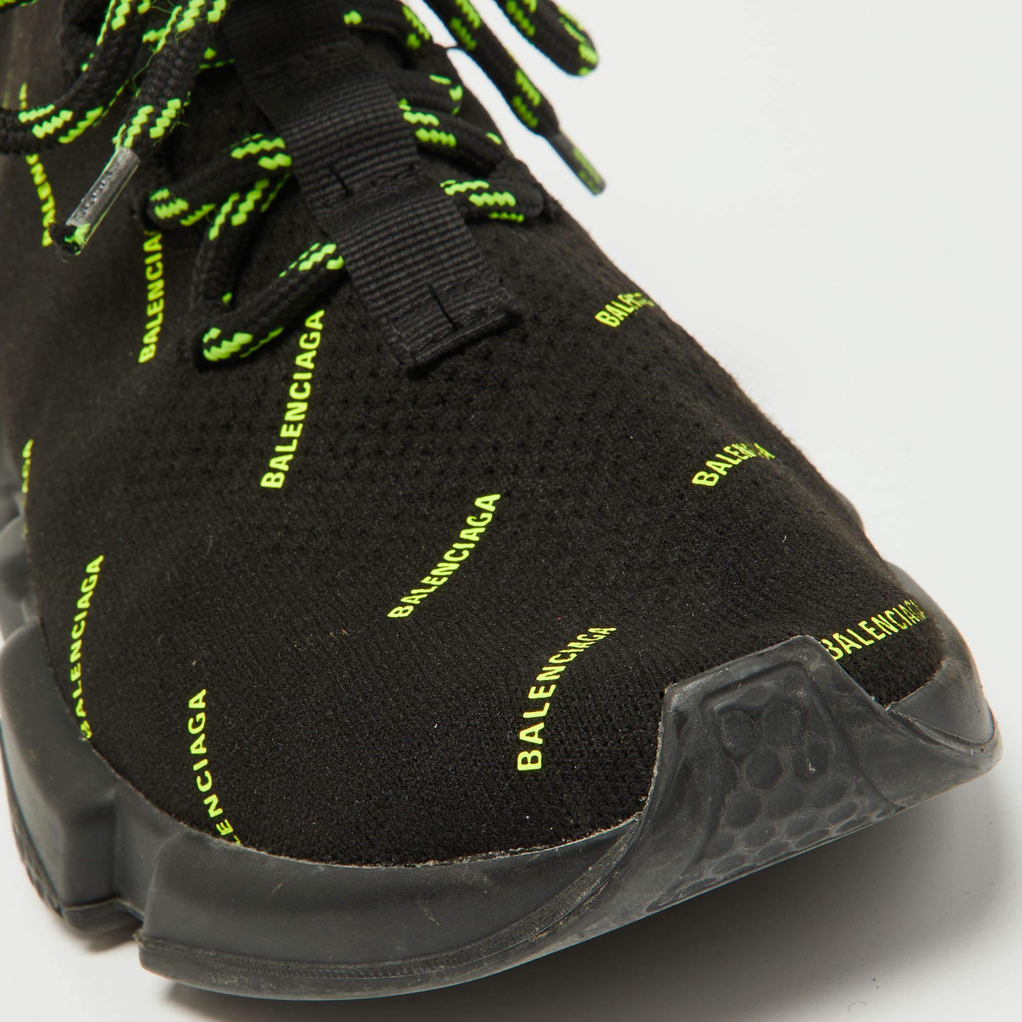 Balenciaga Black/Neon Green Logo Print Knit Fabric Speed Trainer Sneakers Size 3 3