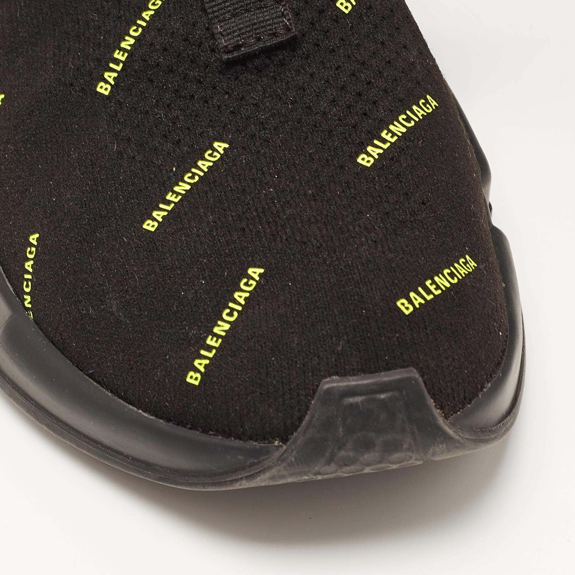 Balenciaga Black/Neon Green Logo Print Knit Fabric Speed Trainer Sneakers Size 3 4