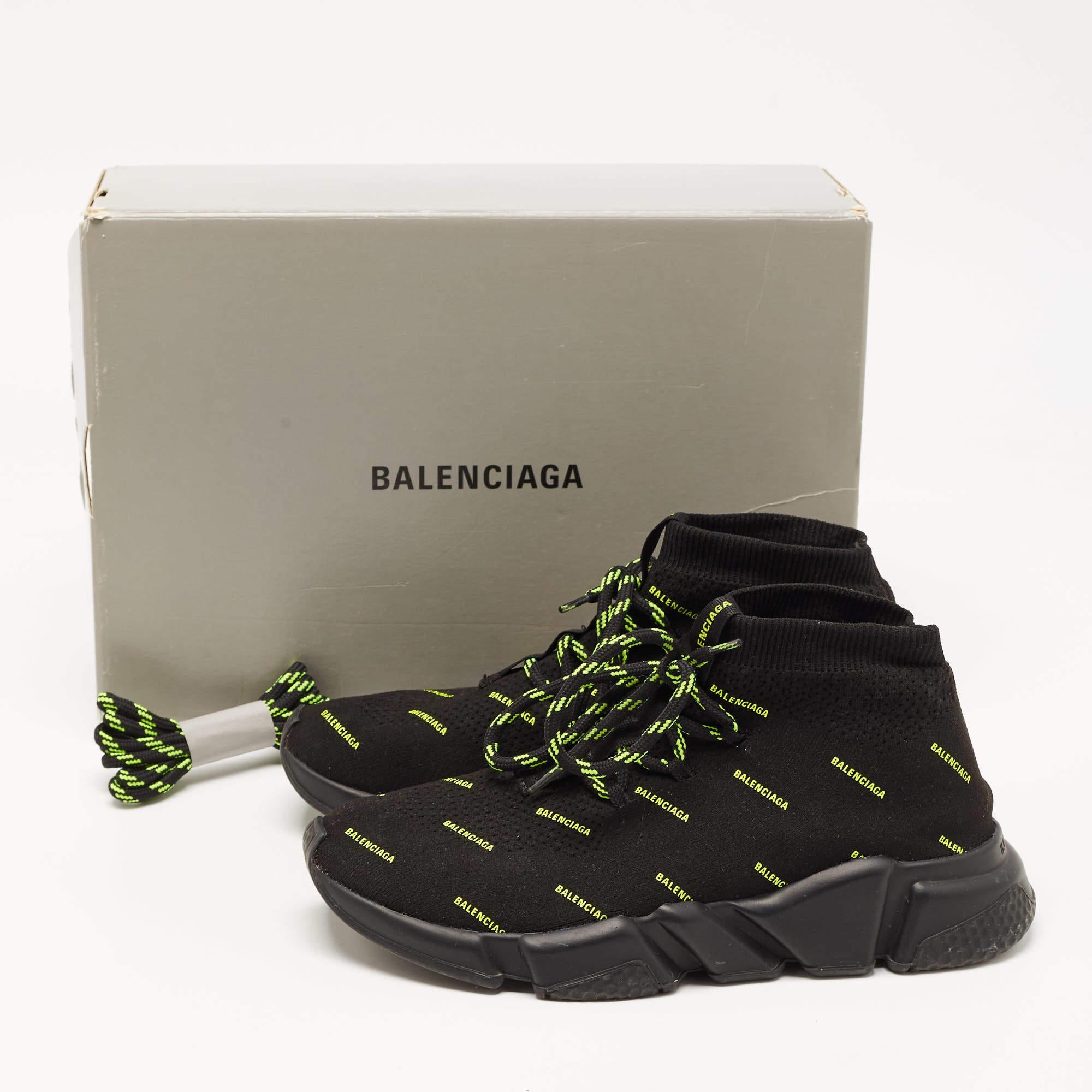 Balenciaga Black/Neon Green Logo Print Knit Fabric Speed Trainer Sneakers Size 3 5