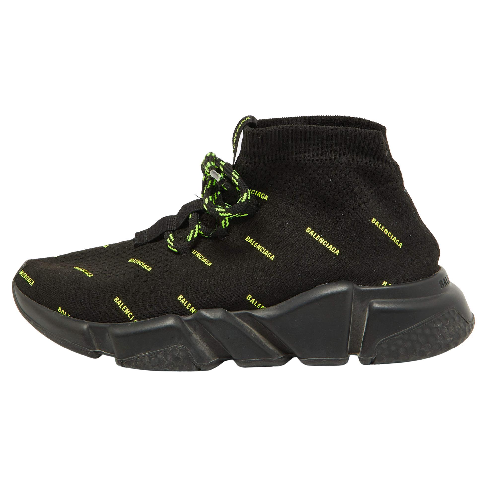 Balenciaga Black/Neon Green Logo Print Knit Fabric Speed Trainer Sneakers Size 3