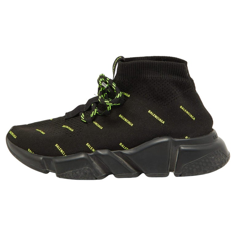 Balenciaga Black/Neon Green Logo Print Knit Fabric Speed Trainer Sneakers  Size 3 For Sale at 1stDibs