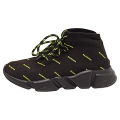 Balenciaga Black/Neon Green Logo Print Knit Fabric Speed Trainer Sneakers Size 3