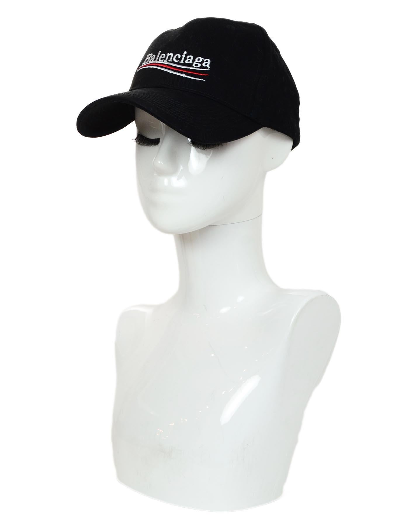 Balenciaga Black New Politic Logo Cap Sz L Unisex W/ Downturn Brim, Paneled Crown, & Velcro Strap Back Sz L

Made In: China
Color: Black, white, red
Materials: 100% cotton
Closure/Opening: Adjustable back tab with velcro closure
Overall Condition: