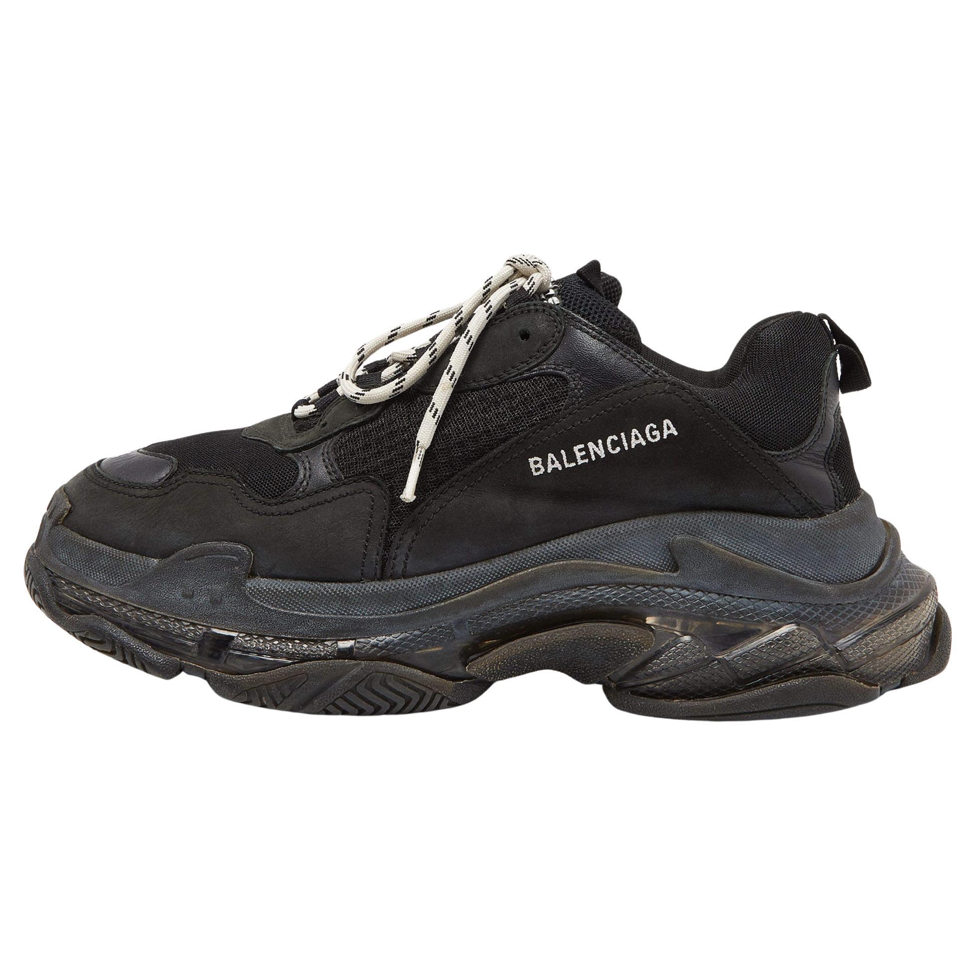 Balenciaga Black Nubuck Leather and Mesh Triple S Low Top Sneakers Size 44