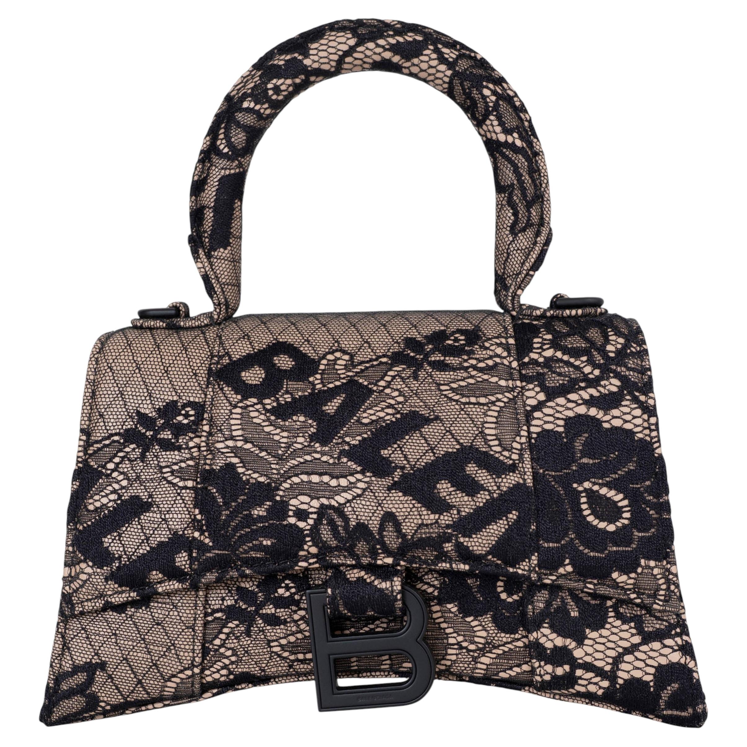 BALENCIAGA black nude HOURGLASS XS LACE Top Handle Bag For Sale