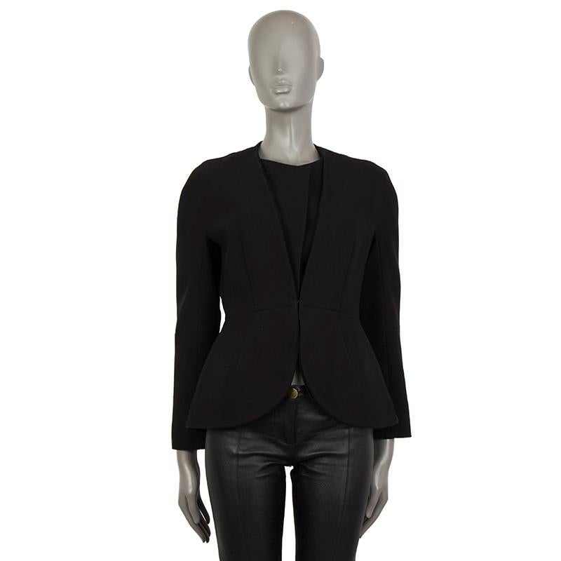 100% authentic Balenciaga collarless blazer in black nylon (53%) and rayon (47%). With v tiered neck. Closes with concealed hook on the front. Lined in black cupro (100%). Has been worn and is in excellent condition. 

Measurements
Tag