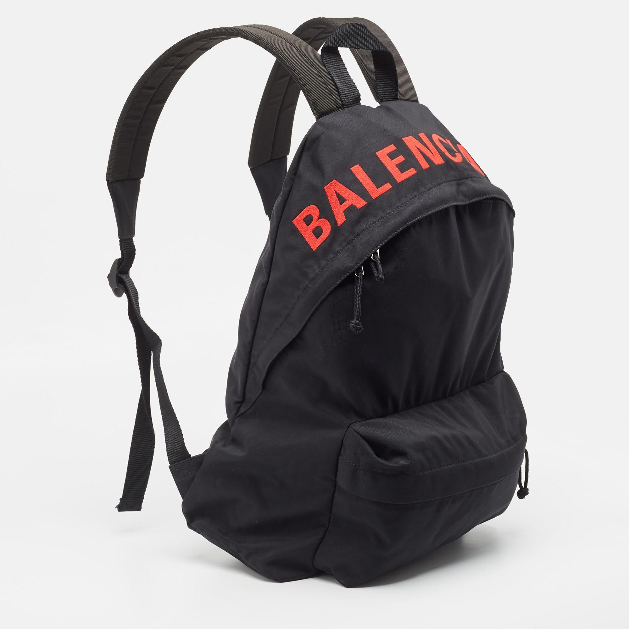Balenciaga Black Nylon Logo Embroidered Wheel Backpack In Excellent Condition In Dubai, Al Qouz 2