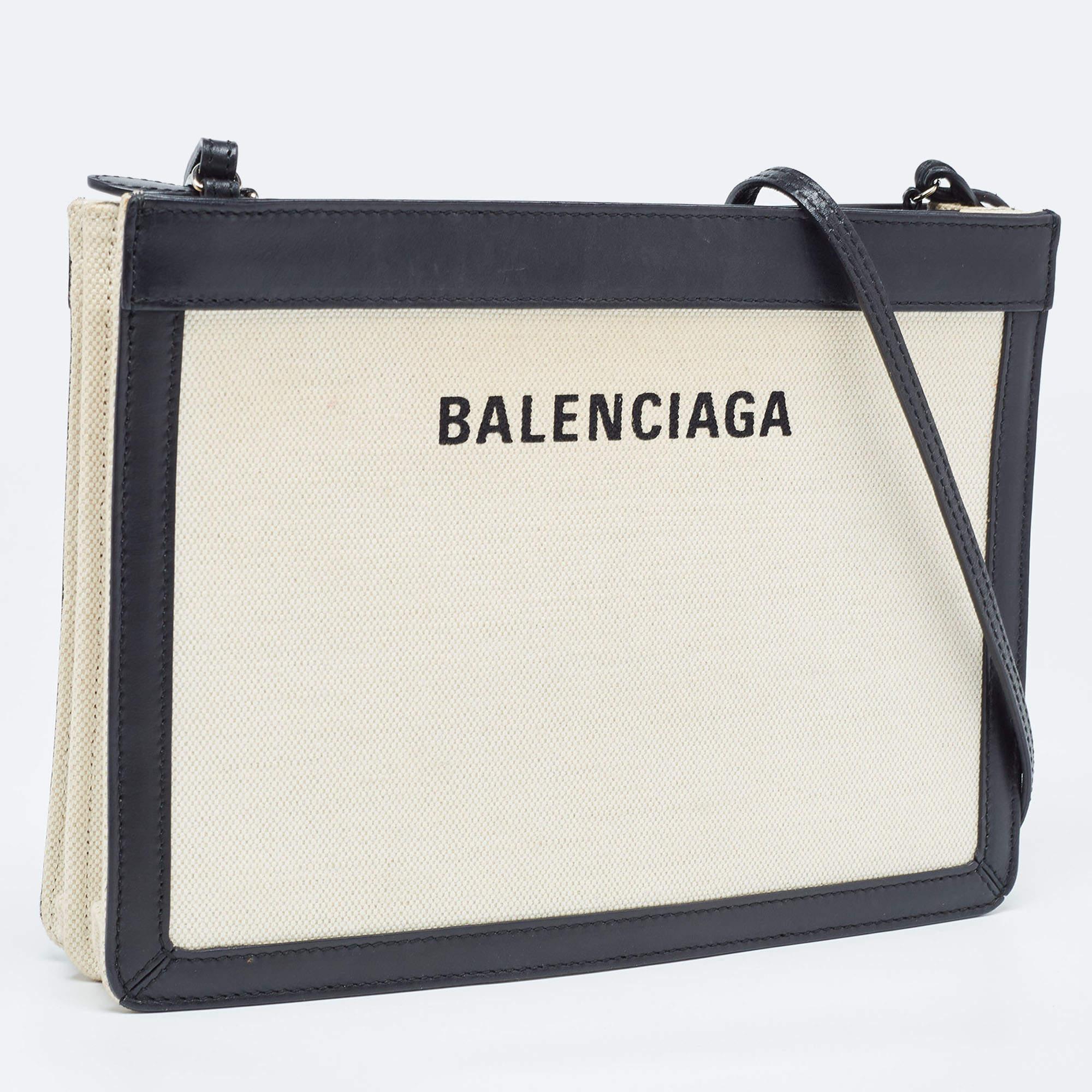 Balenciaga Black/Off-White Canvas and Leather Navy Pochette Crossbody Bag For Sale 3