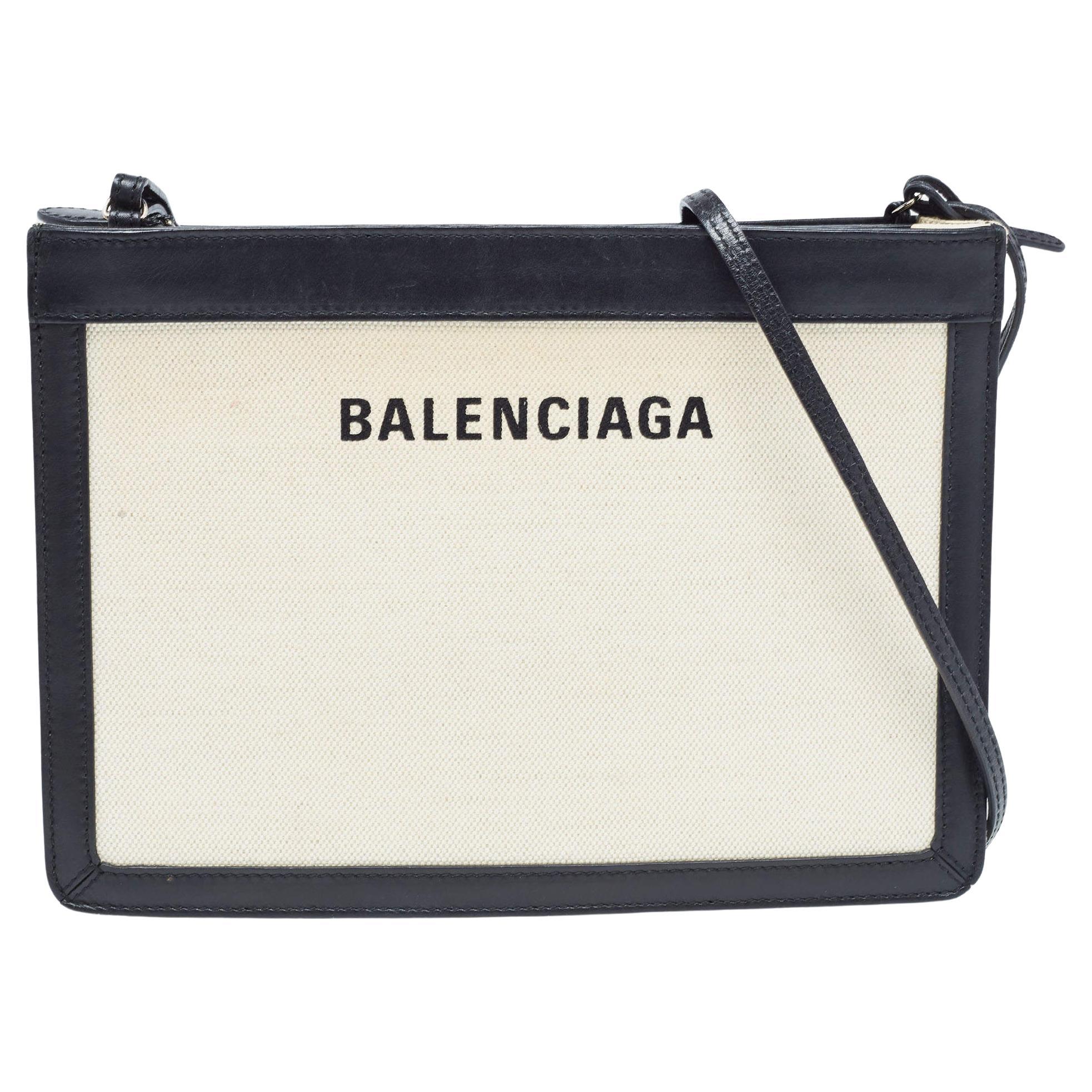 Balenciaga Black/Off-White Canvas and Leather Navy Pochette Crossbody Bag For Sale