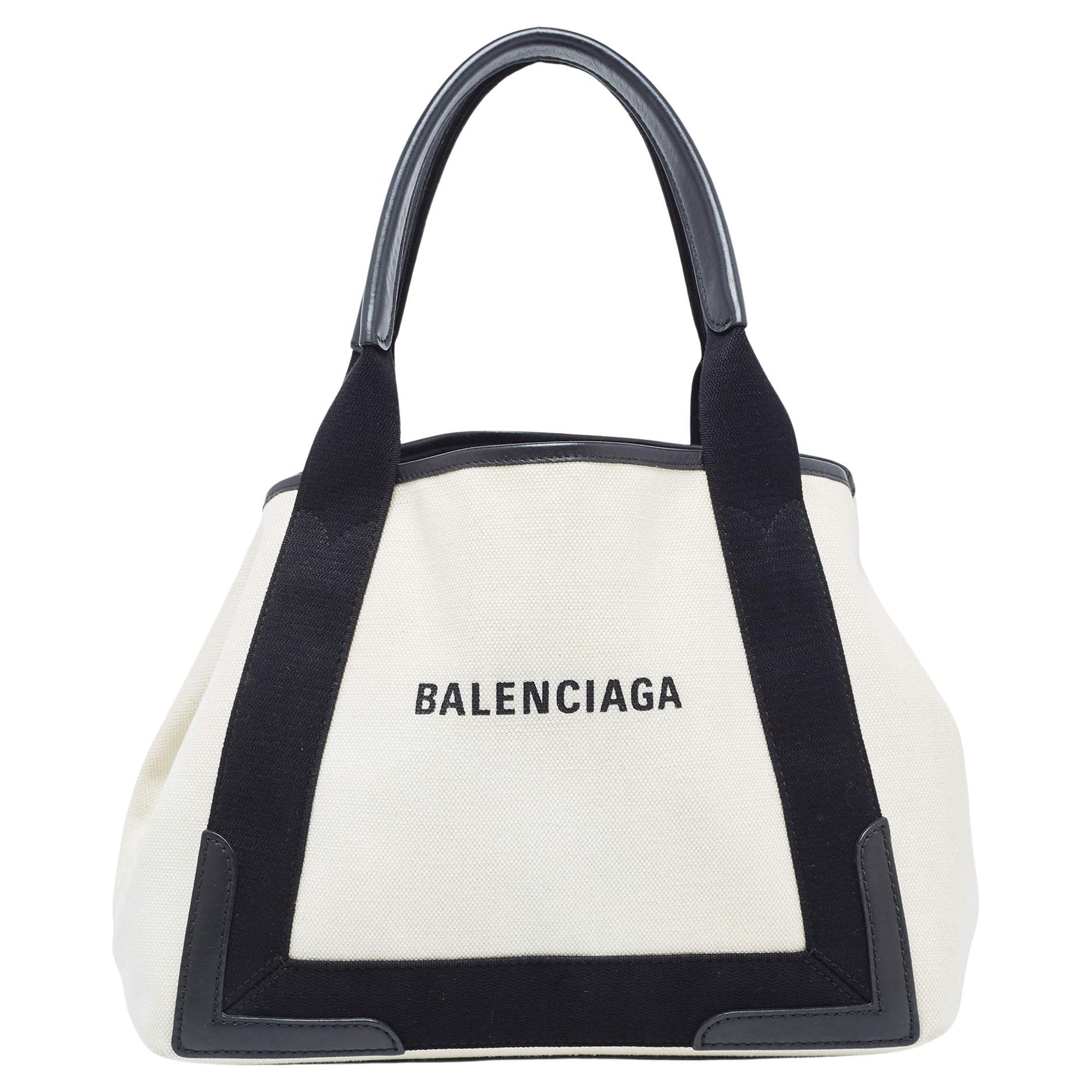 Balenciaga Black/Off White Canvas and Leather Small Cabas Tote