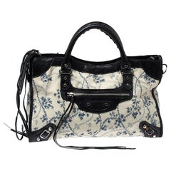 Balenciaga Black/Off White Floral Toile and Leather City Bag