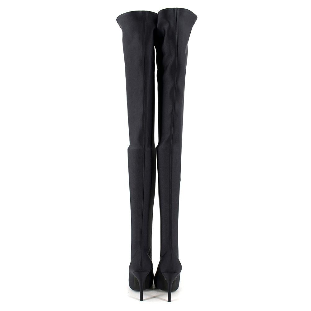 Balenciaga Black Over The Knee Knife Boots

- Black sheen fabric
- Pointed toe
- Hold up grip to thigh 

Made in Italy
