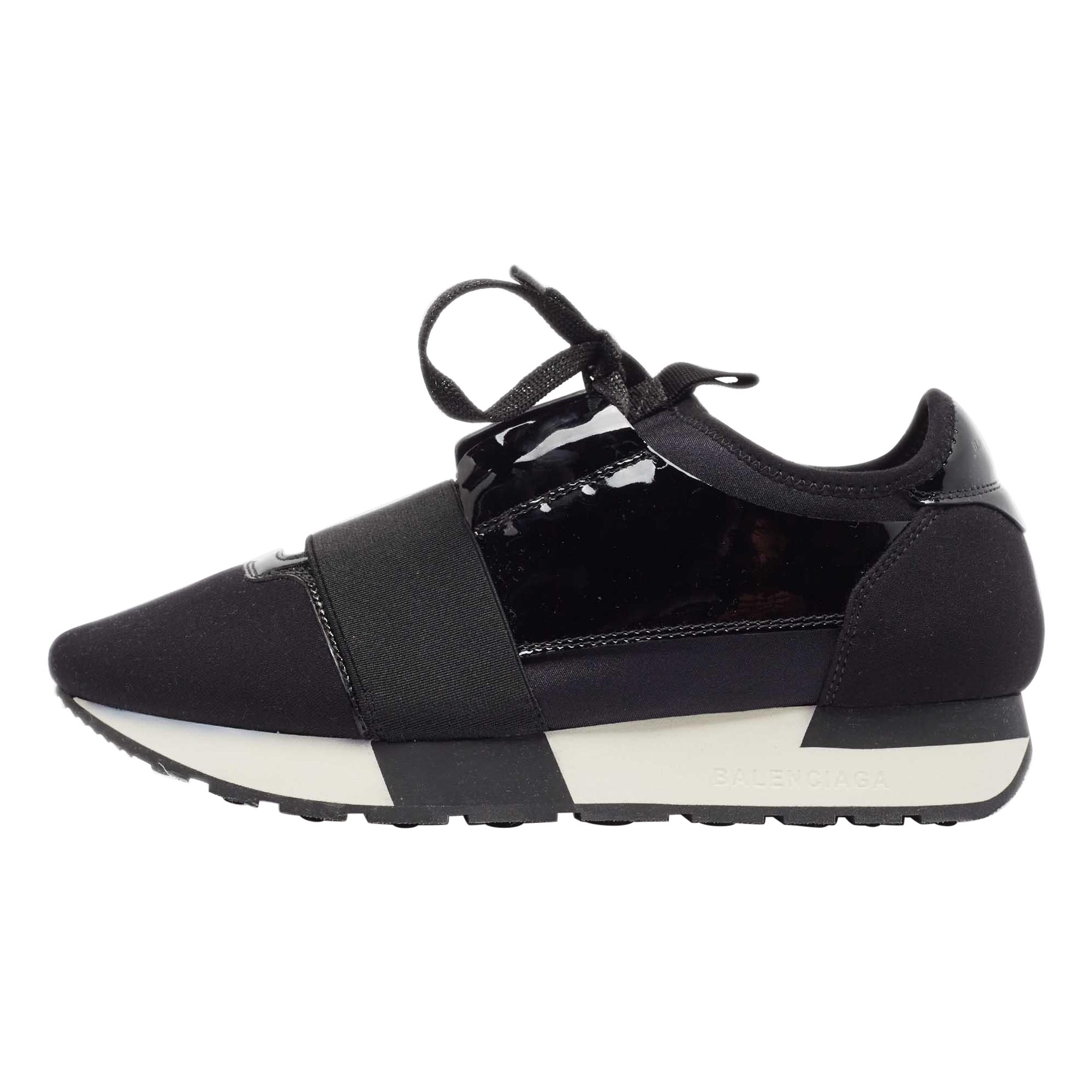 Balenciaga Black Patent and Fabric Race Runner Sneakers Size 37