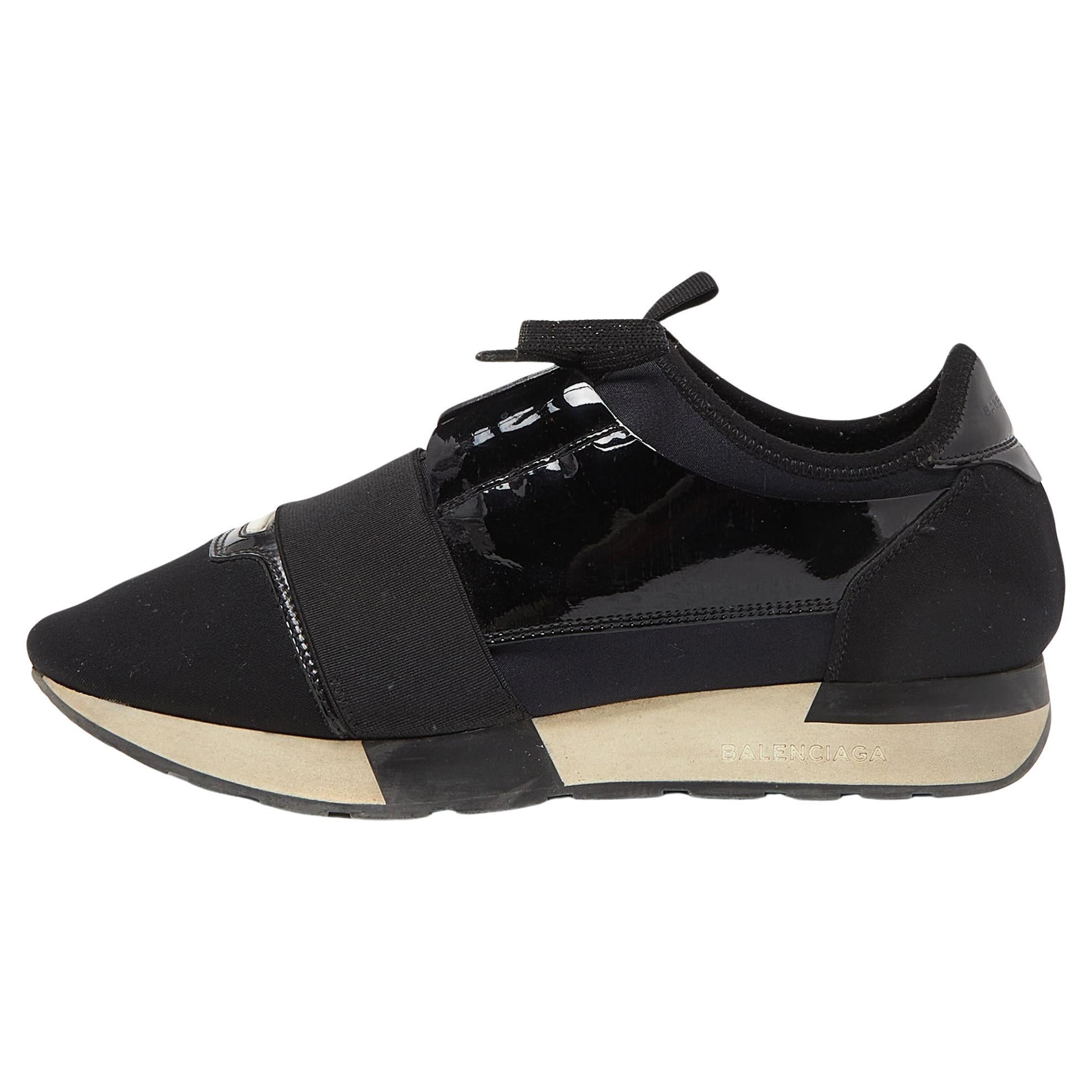 Balenciaga Black Patent And Fabric Race Runner Sneakers Size 39 For Sale