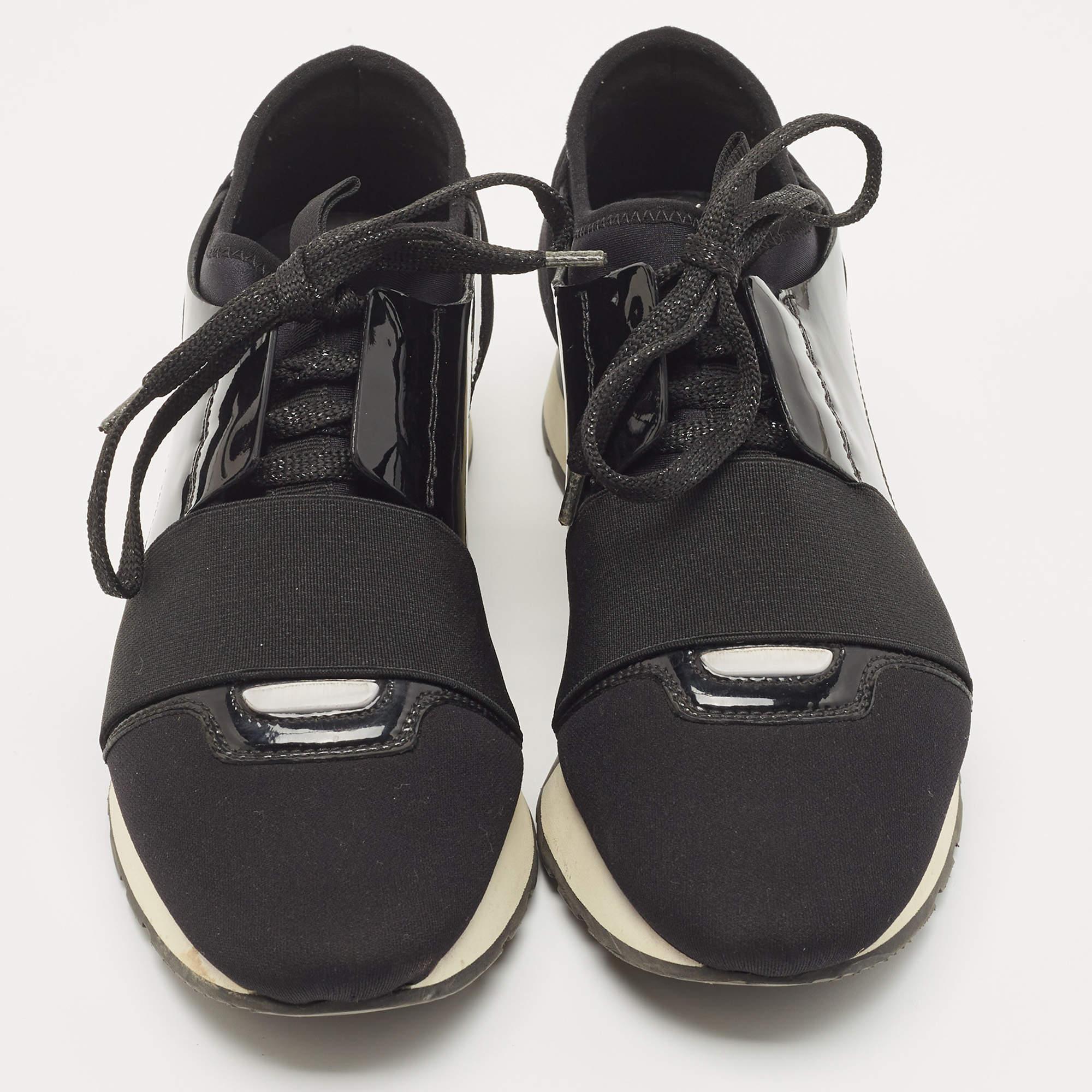 Women's Balenciaga Black Patent Leather and Fabric Race Runner Sneakers Size 36 For Sale