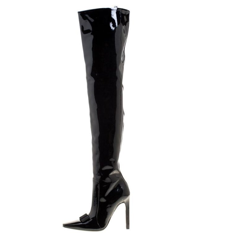 Balenciaga Black Patent Leather Bow Detail Over The Knee Boots Size 37 ...