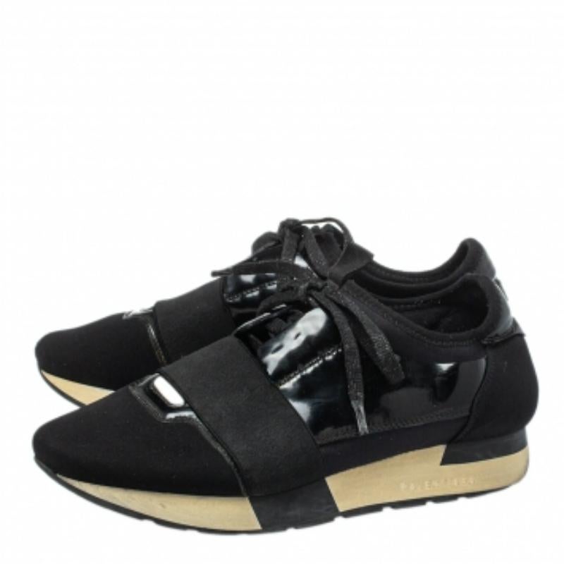 Balenciaga Black Patent Leather & Neoprene Race Runner Low Top Sneakers Size 38 For Sale 1