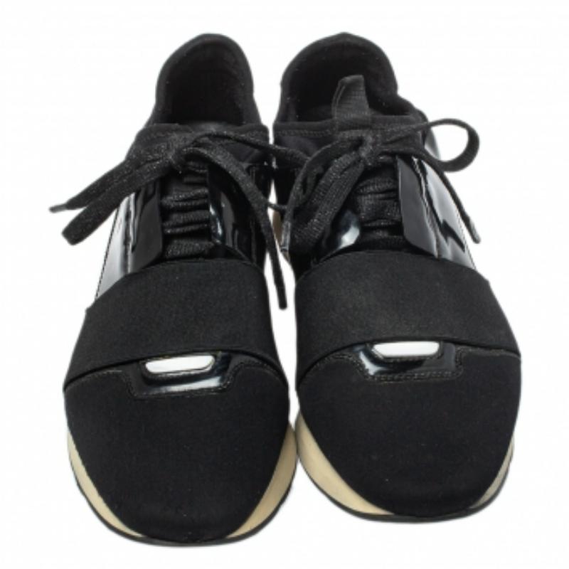 Balenciaga Black Patent Leather & Neoprene Race Runner Low Top Sneakers Size 38 For Sale 2
