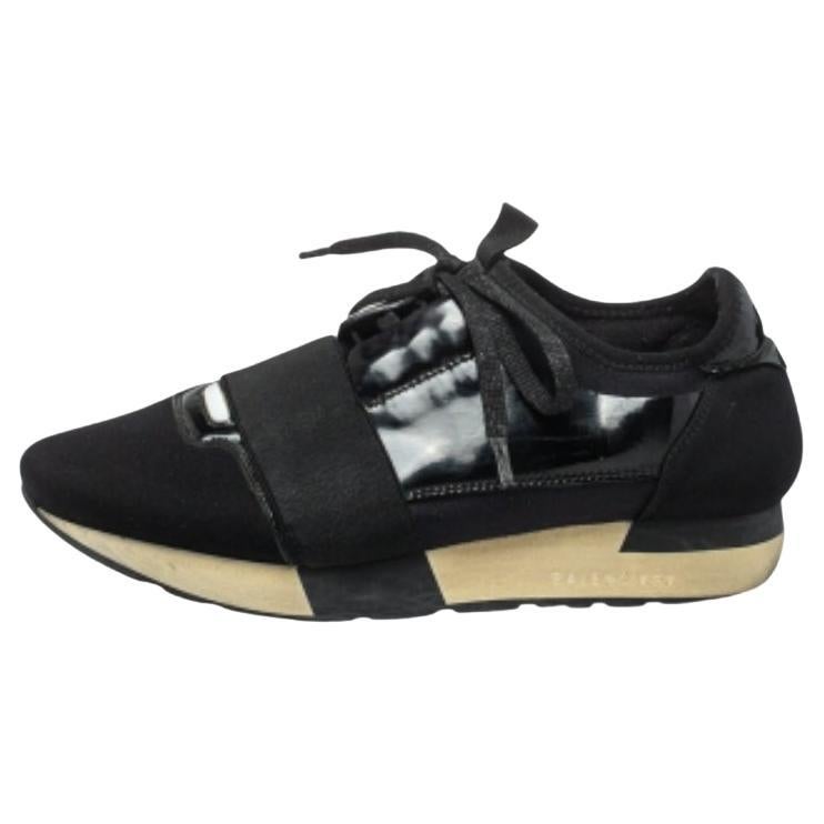 Balenciaga Black Patent Leather & Neoprene Race Runner Low Top Sneakers Size 38 For Sale