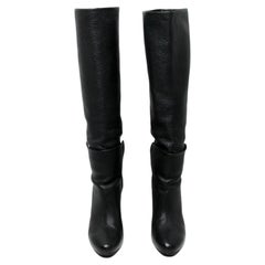 Balenciaga Black Pebbled Leather Knee-High Heeled Boots With Buckle Details