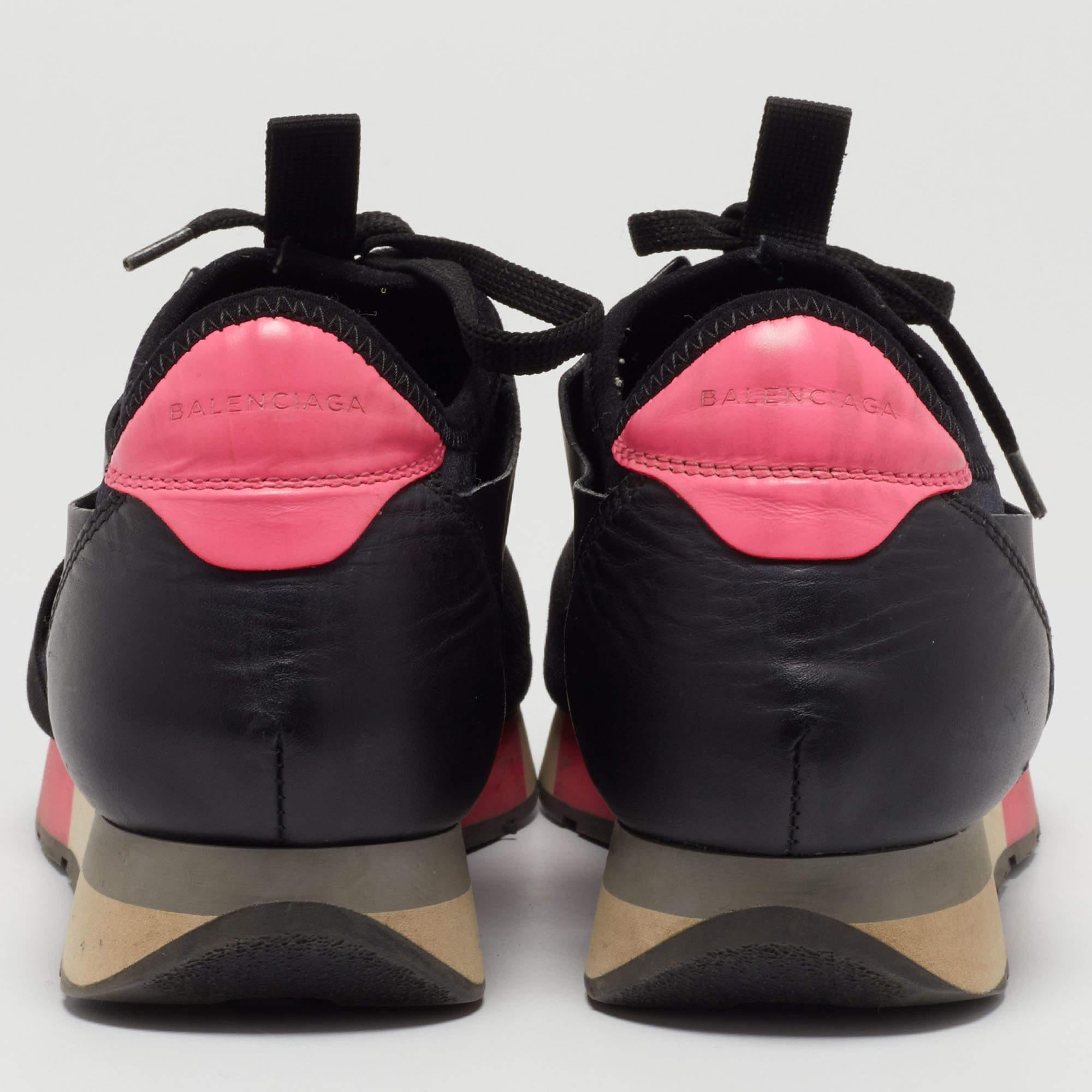Balenciaga Black/Pink Leather and Fabric Race Runner Sneakers Size 38 In Fair Condition For Sale In Dubai, Al Qouz 2