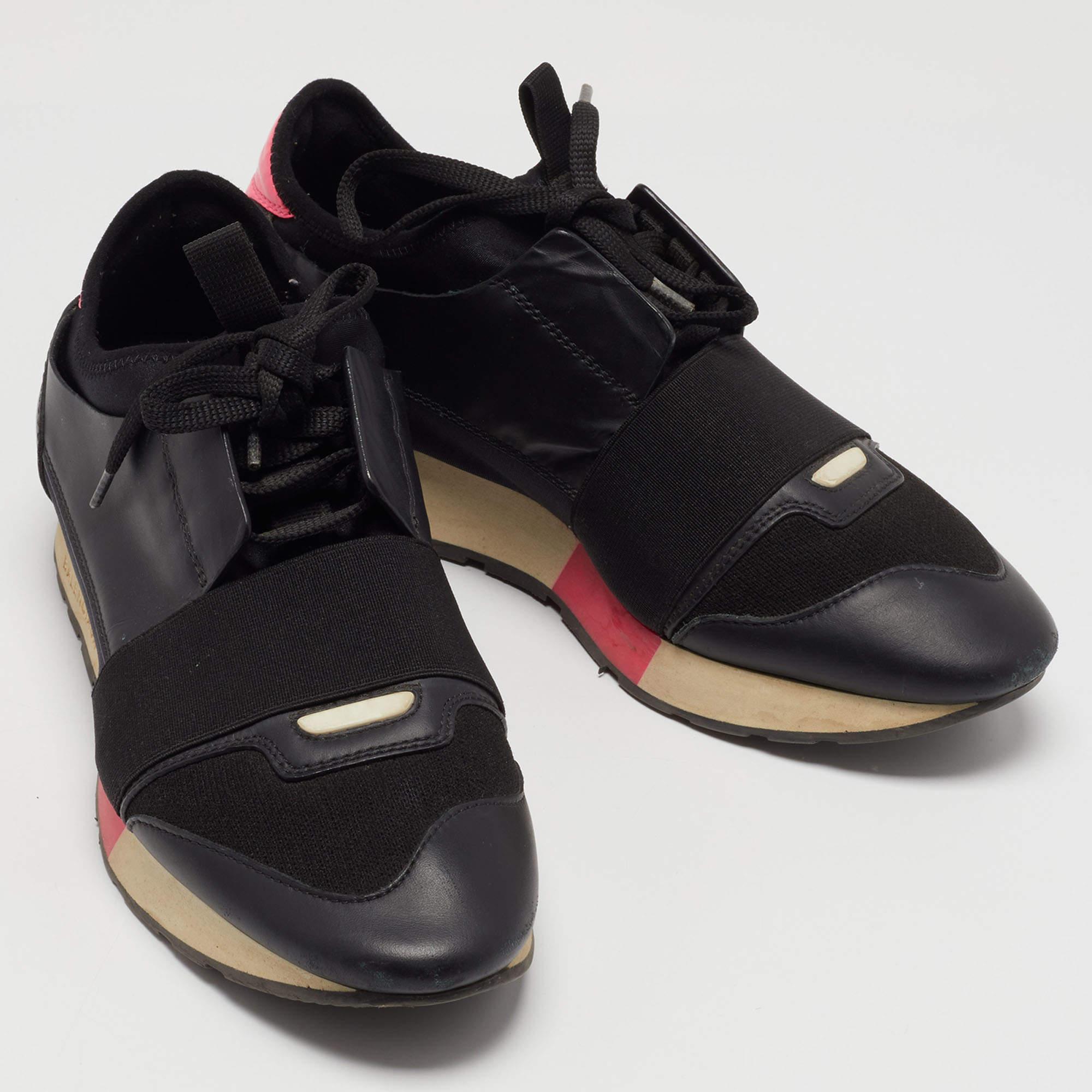 Balenciaga Black/Pink Leather and Fabric Race Runner Sneakers Size 38 For Sale 1