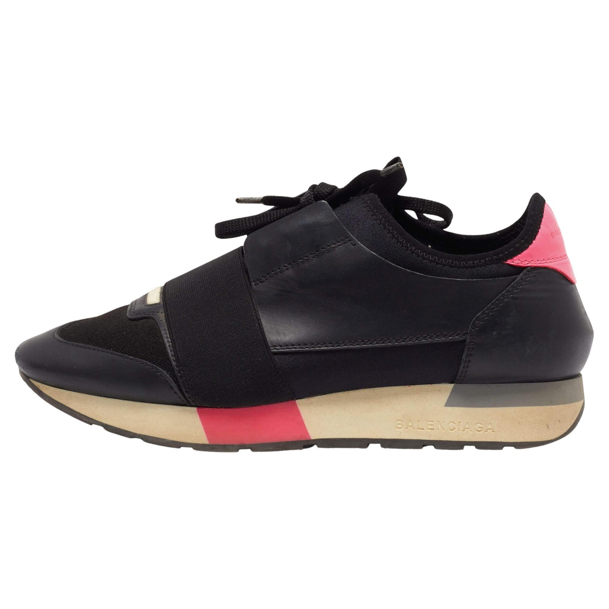 Balenciaga Black/Pink Leather and Fabric Race Runner Sneakers Size 38 For Sale