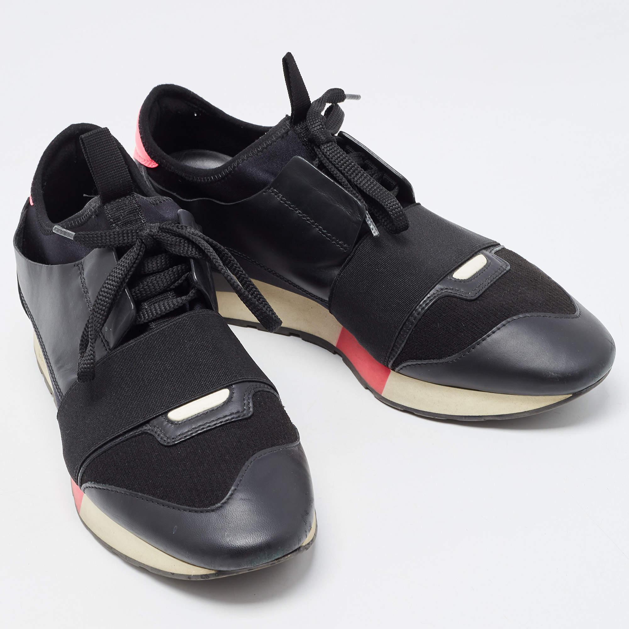 Balenciaga Black/Pink Leather and Fabric Race Runner Sneakers Size 39 For Sale 1