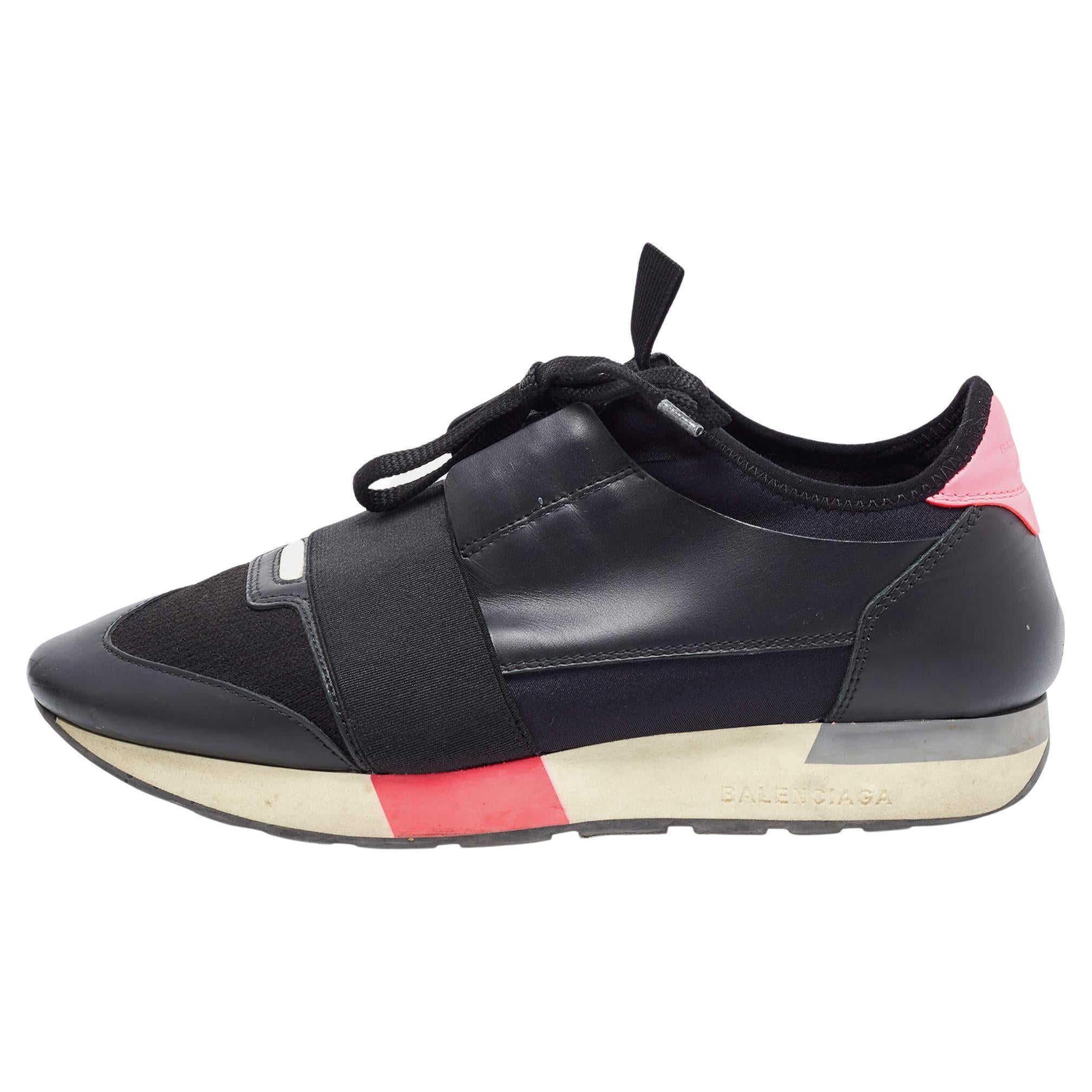 Balenciaga Black/Pink Leather and Fabric Race Runner Sneakers Size 39 For Sale