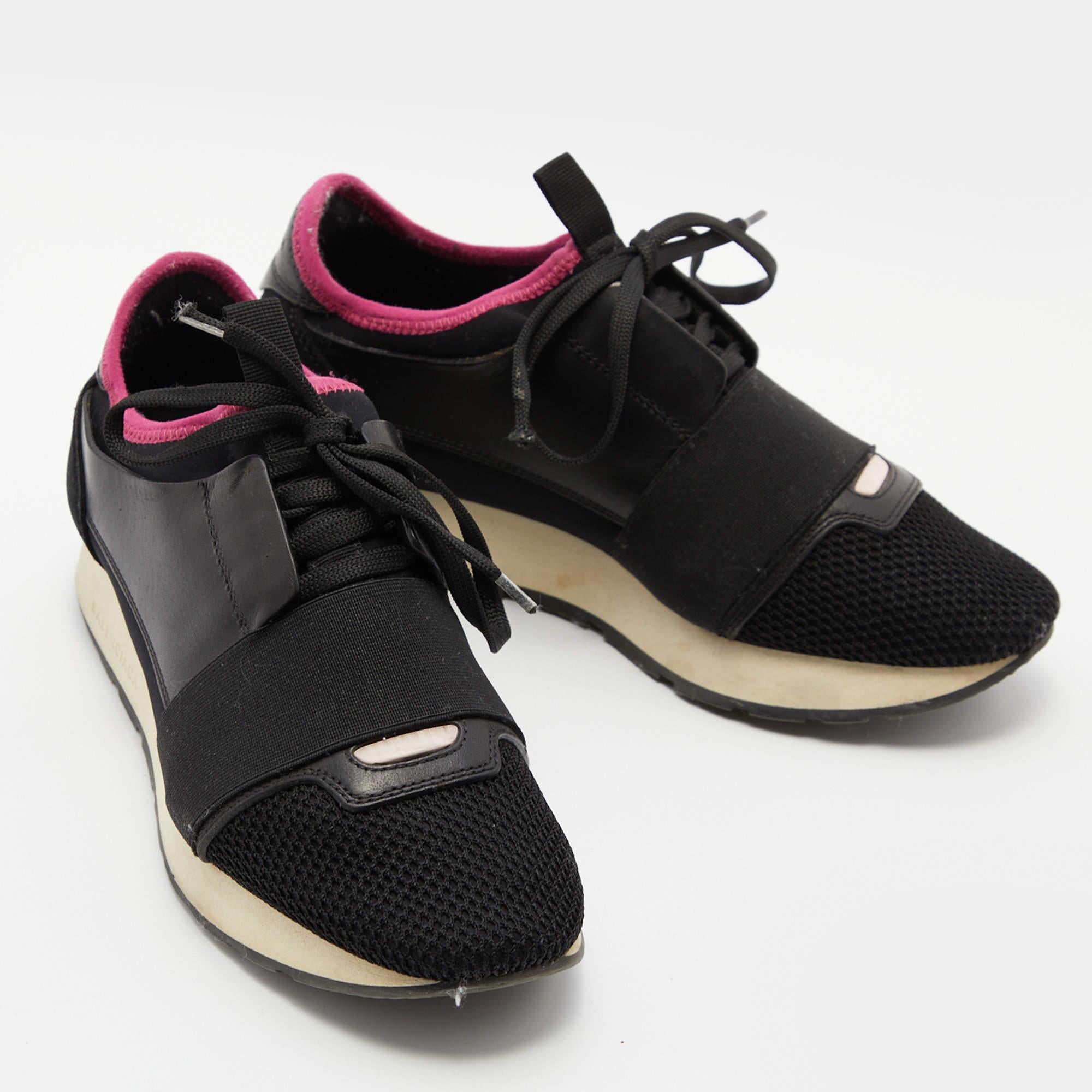 Women's Balenciaga Black/Pink Leather And Mesh Race Runner Low Top Sneakers Size 37 For Sale