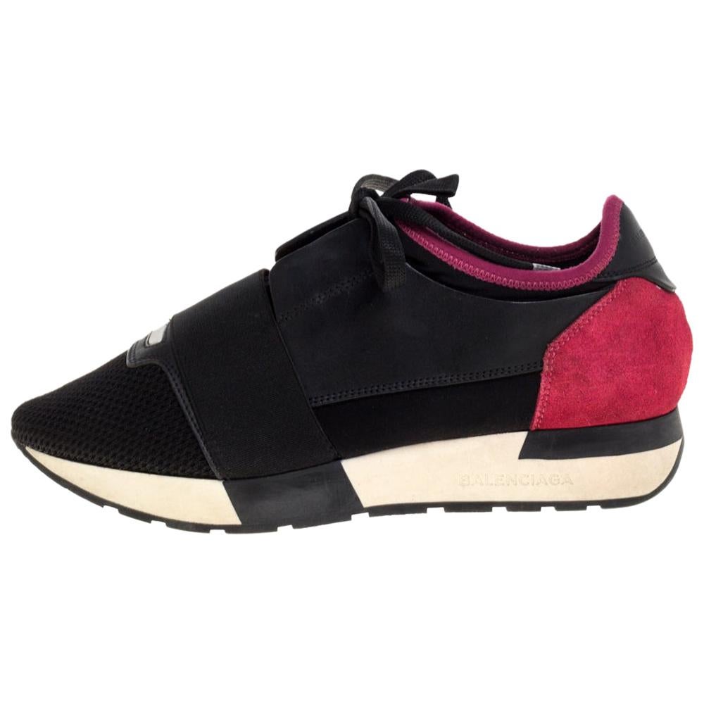 Balenciaga Black/Pink Leather And Mesh Race Runner Low Top Sneakers Size 37 For Sale