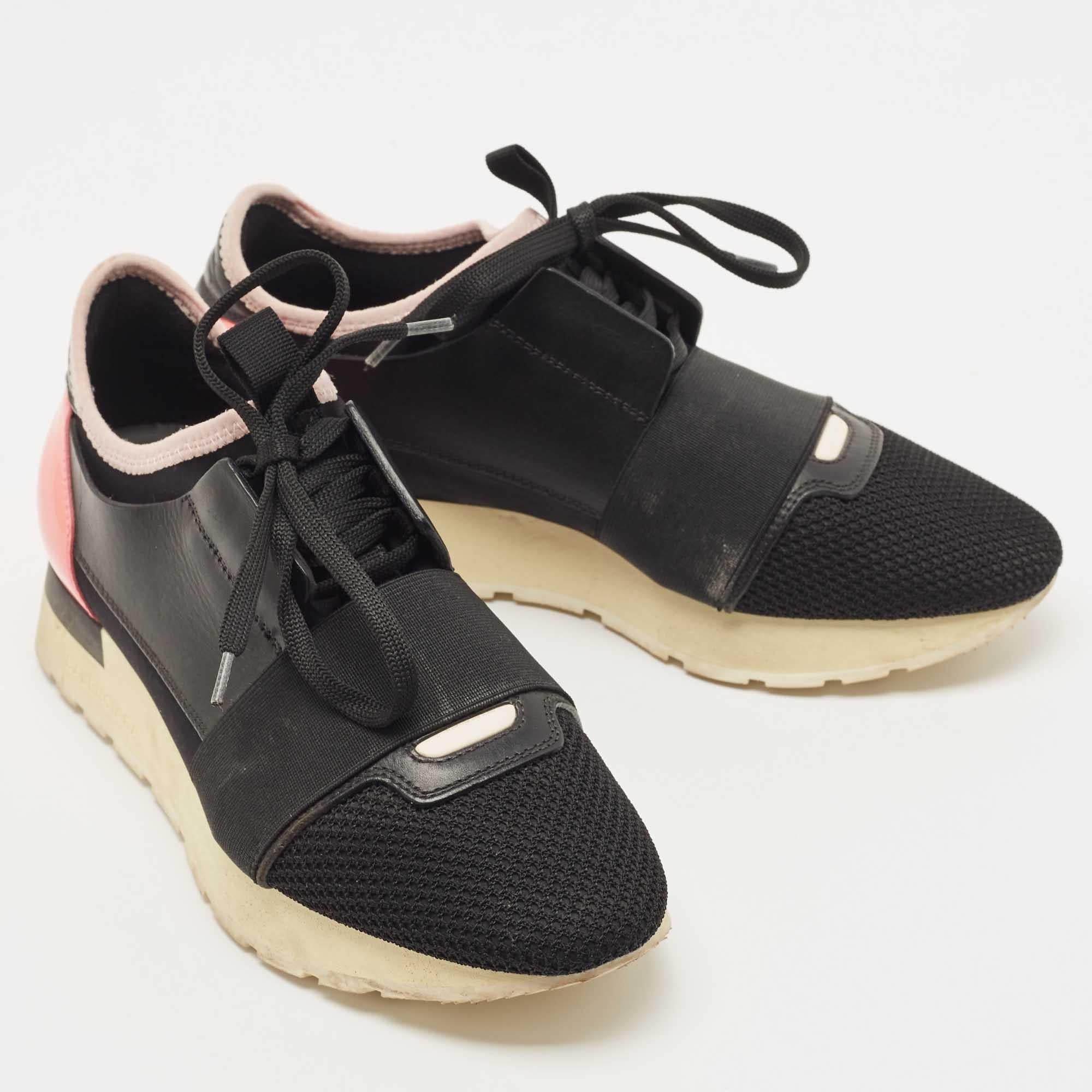 Women's Balenciaga Black/Pink Leather and Mesh Race Runner Sneakers For Sale