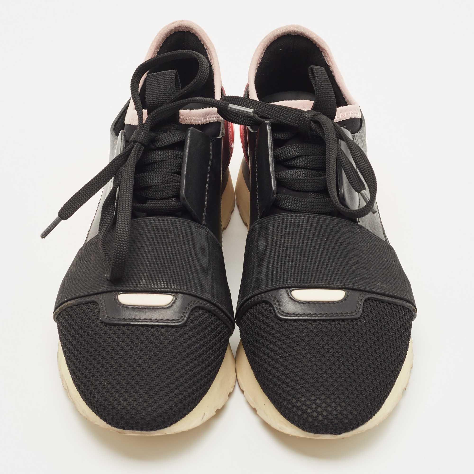 Balenciaga Black/Pink Leather and Mesh Race Runner Sneakers For Sale 1