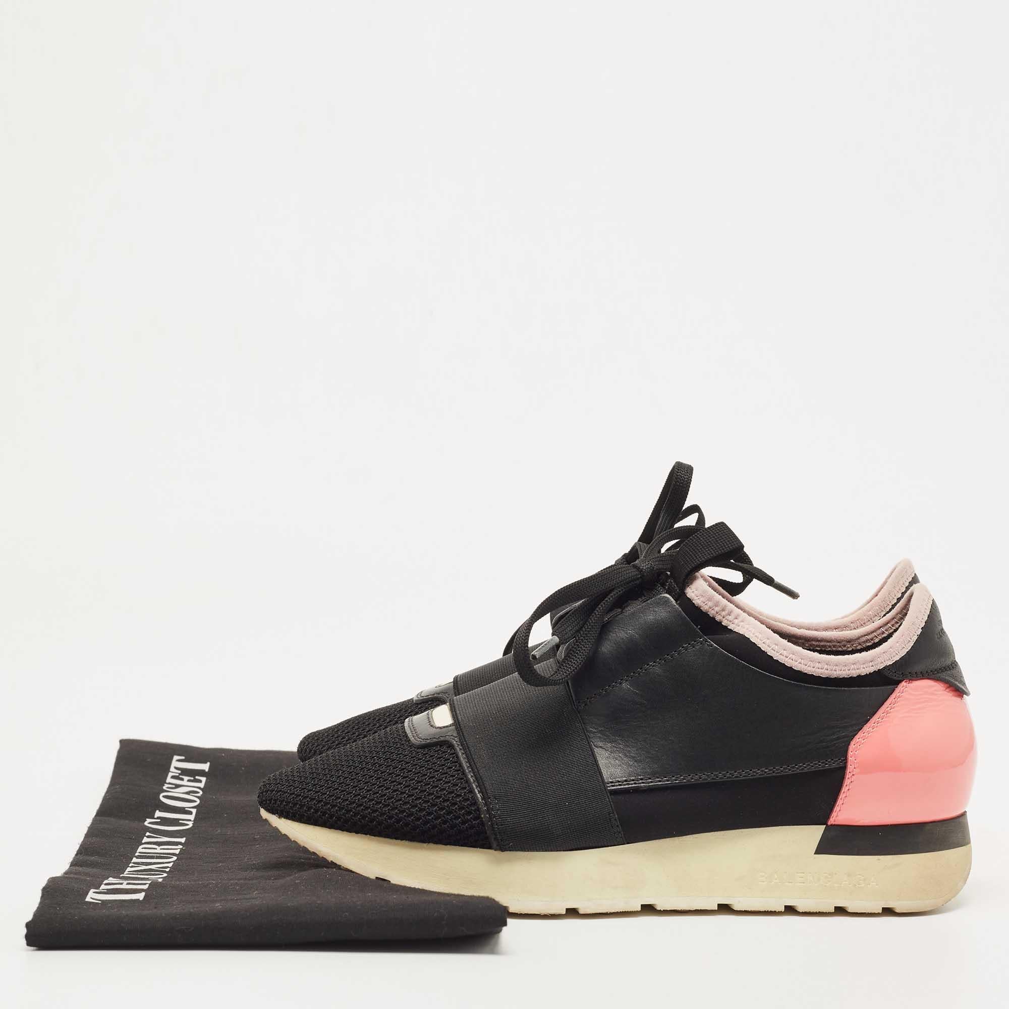 Balenciaga Black/Pink Leather and Mesh Race Runner Sneakers For Sale 5