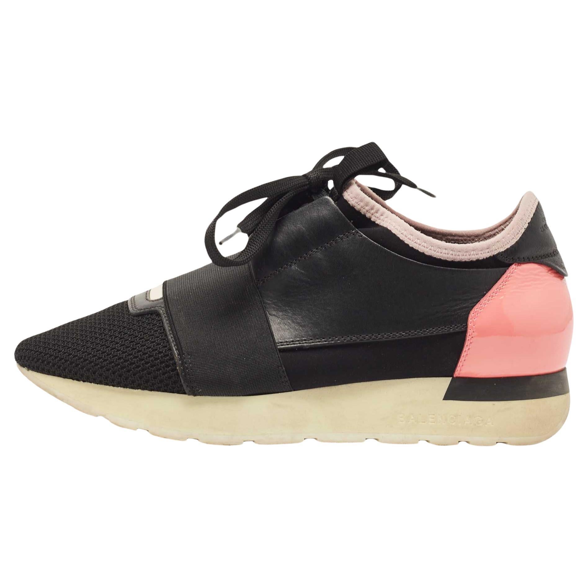 Balenciaga Black/Pink Leather and Mesh Race Runner Sneakers For Sale