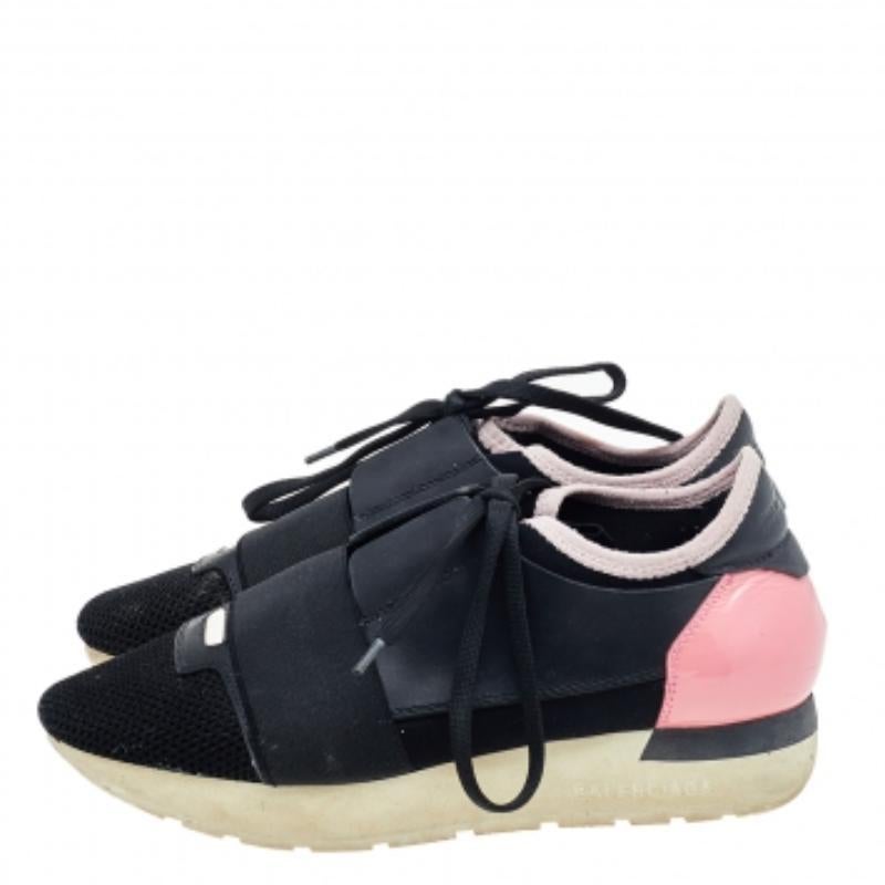Balenciaga Black/Pink Leather And Mesh Race Runner Sneakers Size 35 For Sale 3
