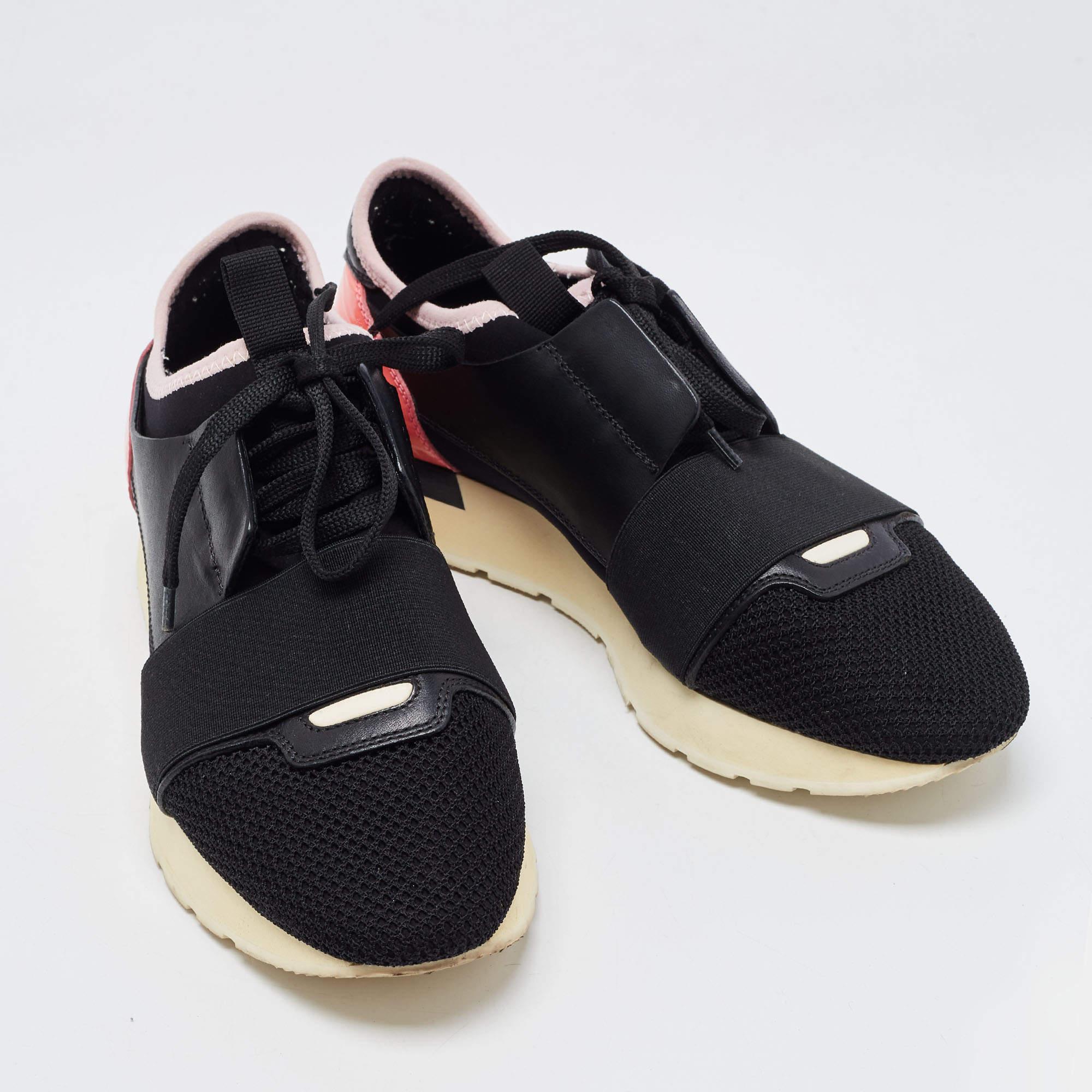 Balenciaga Black/Pink Leather and Mesh Race Runner Sneakers Size 37 For Sale 1