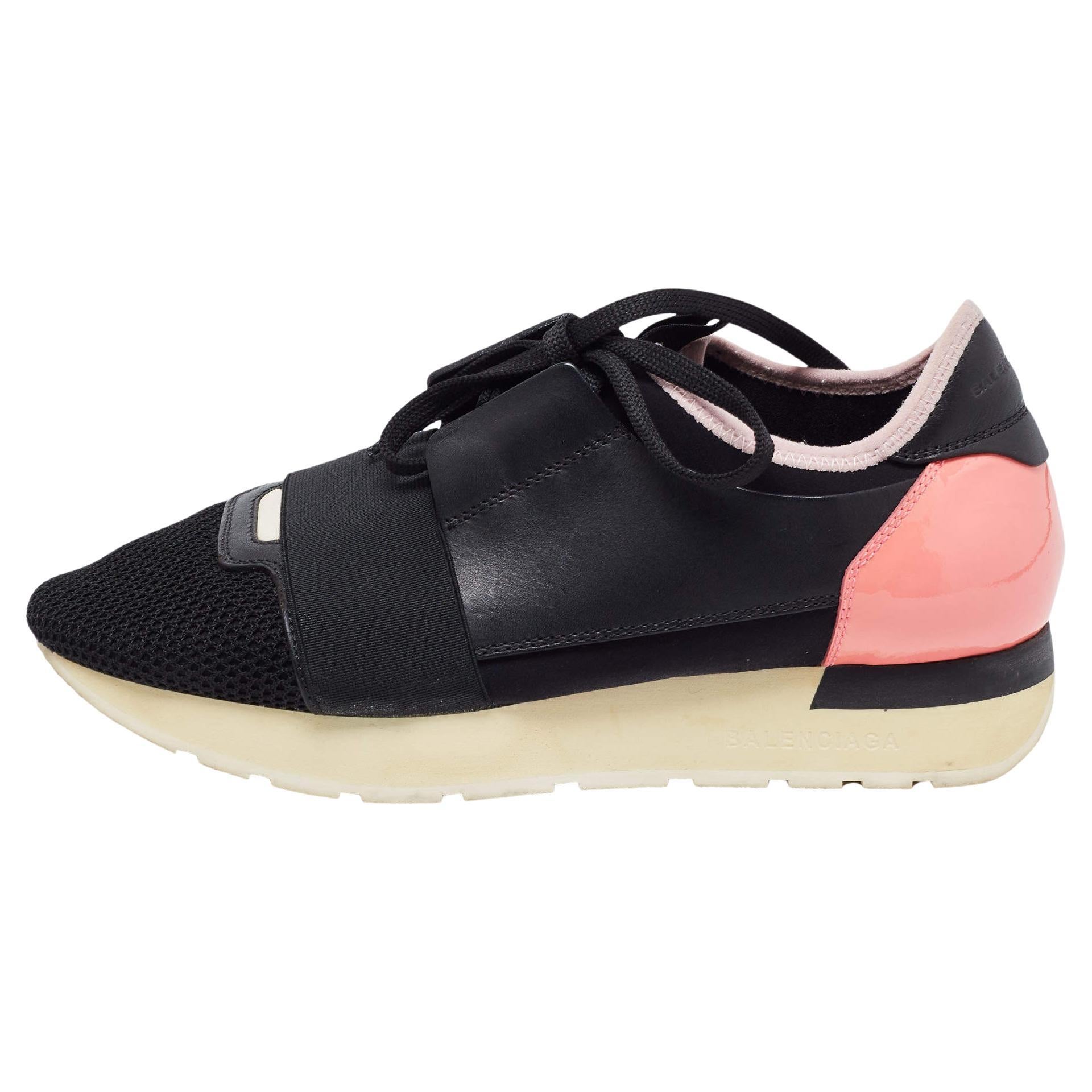 Balenciaga Black/Pink Leather and Mesh Race Runner Sneakers Size 37 For Sale