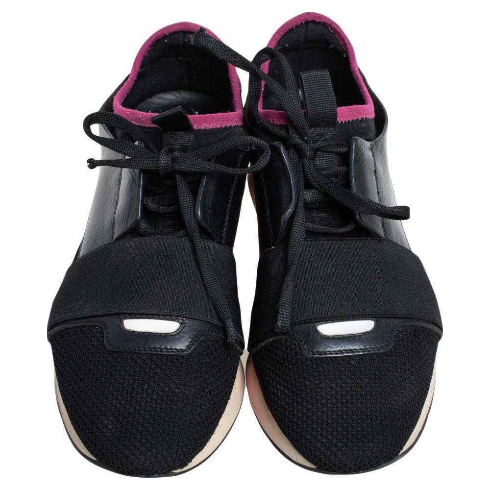 Balenciaga Black/Pink Leather And Mesh Race Runner Sneakers Size 38 In Good Condition In Dubai, Al Qouz 2