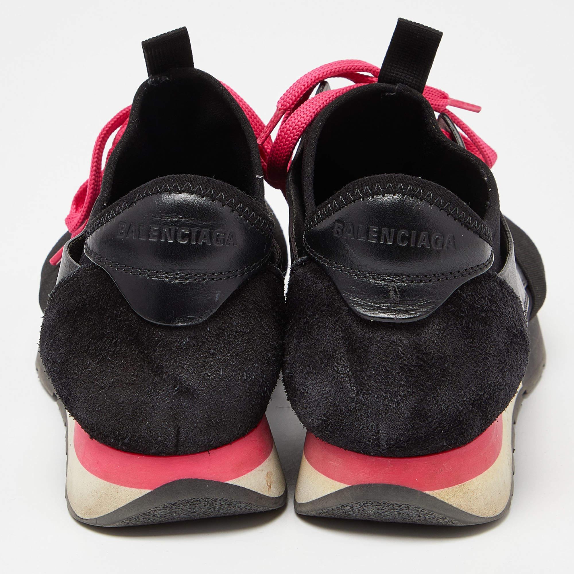 Balenciaga Black/Pink Leather, Suede and Mesh Race Runner Sneakers Size 37 For Sale 1