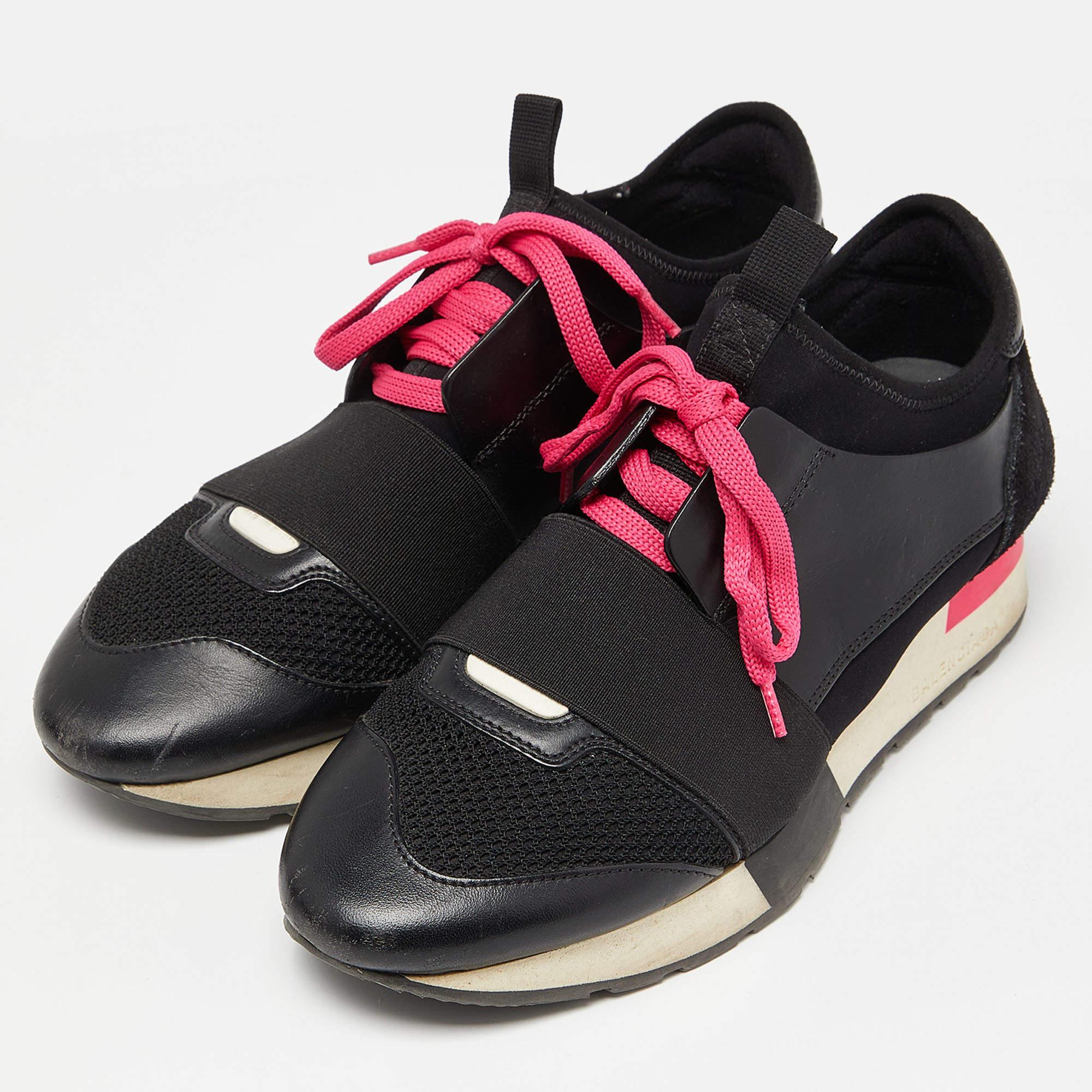 Balenciaga Black/Pink Leather, Suede and Mesh Race Runner Sneakers Size 37 For Sale 4