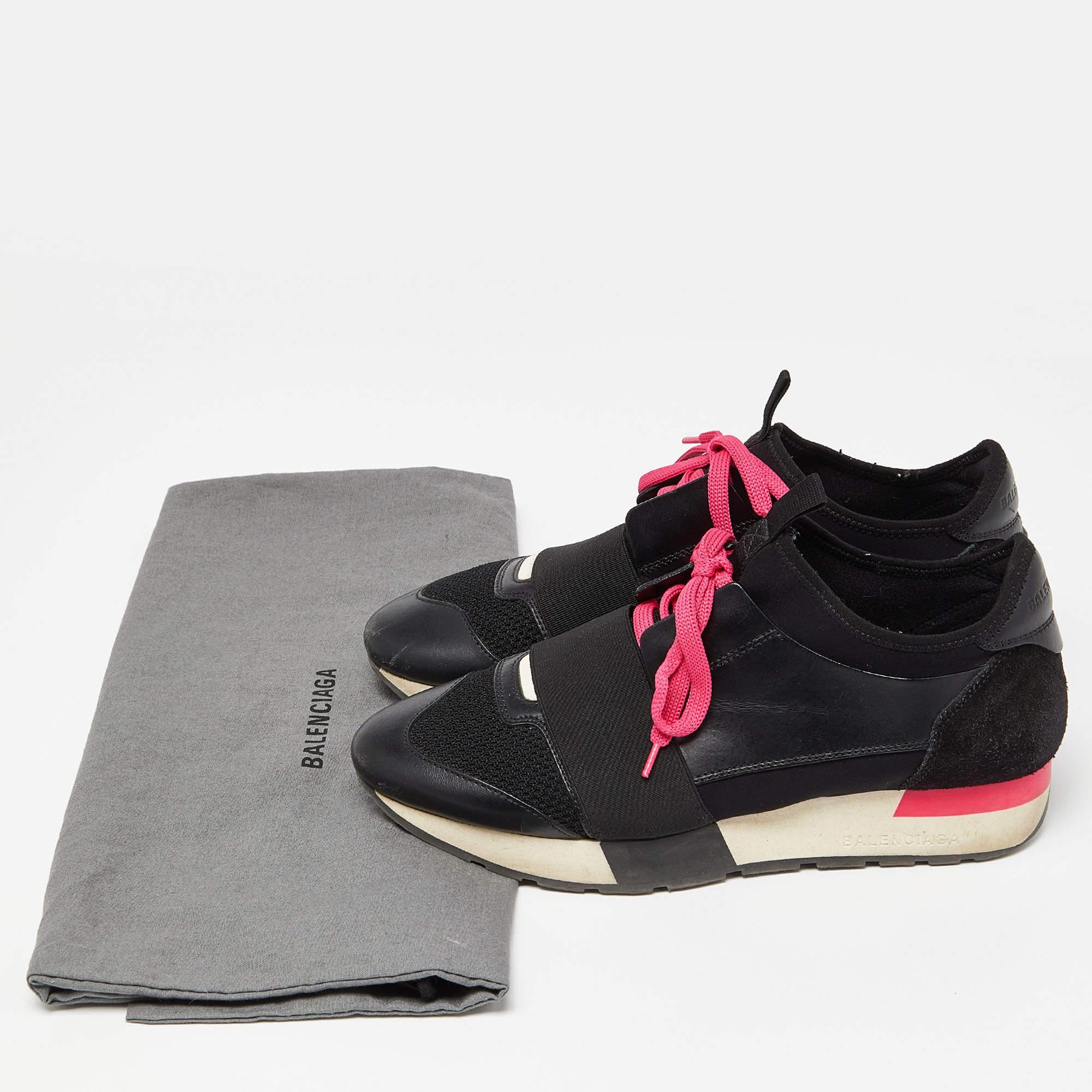 Balenciaga Black/Pink Leather, Suede and Mesh Race Runner Sneakers Size 37 For Sale 5