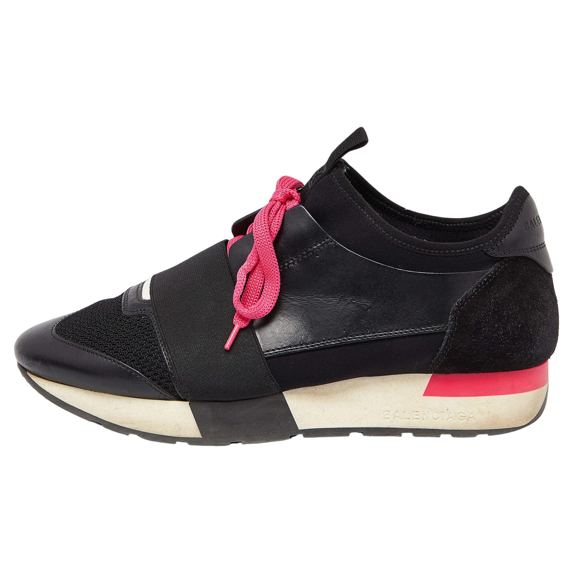 Balenciaga Black/Pink Leather, Suede and Mesh Race Runner Sneakers Size 37 For Sale