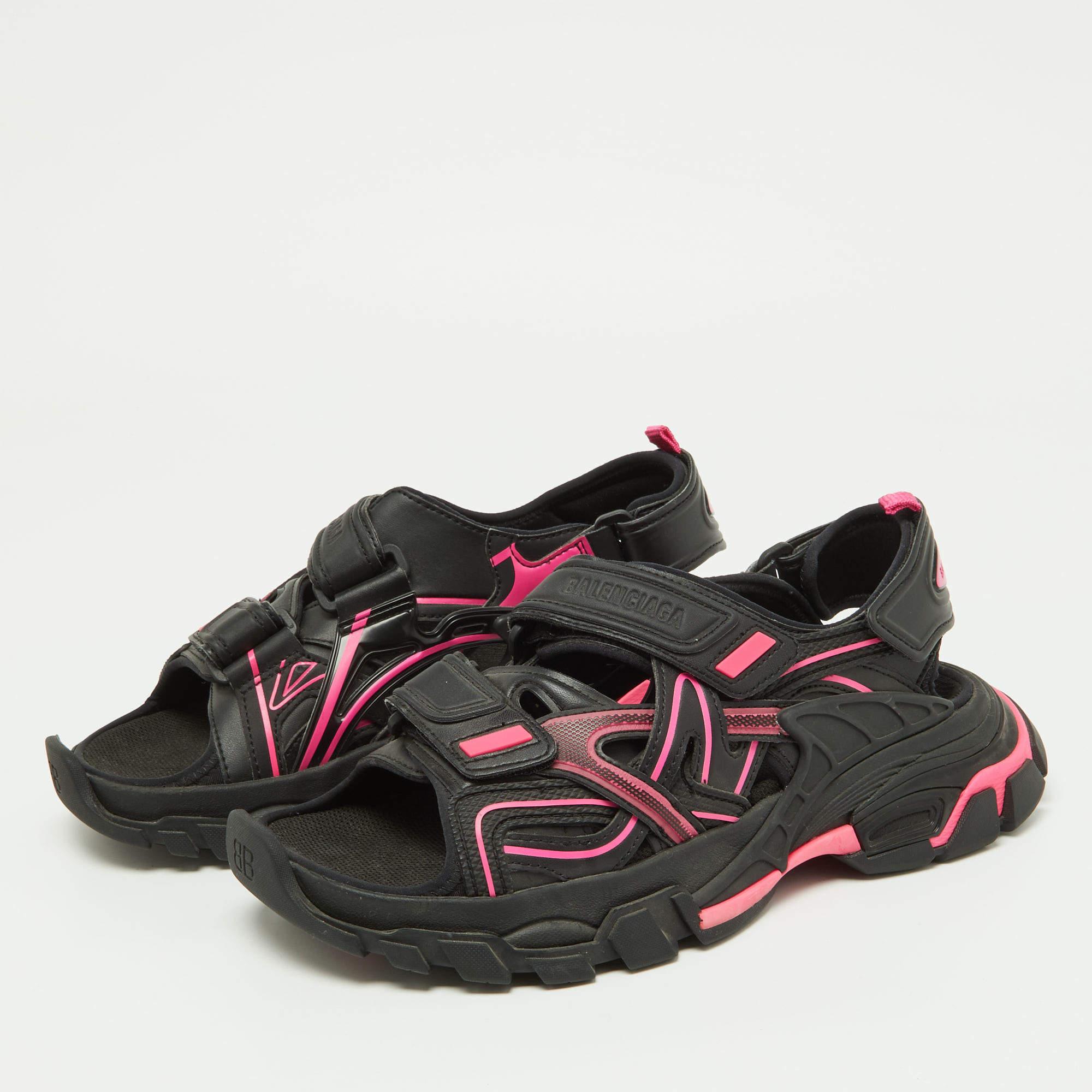Balenciaga Black/Pink Leather Track Sandals Size 37 For Sale 1
