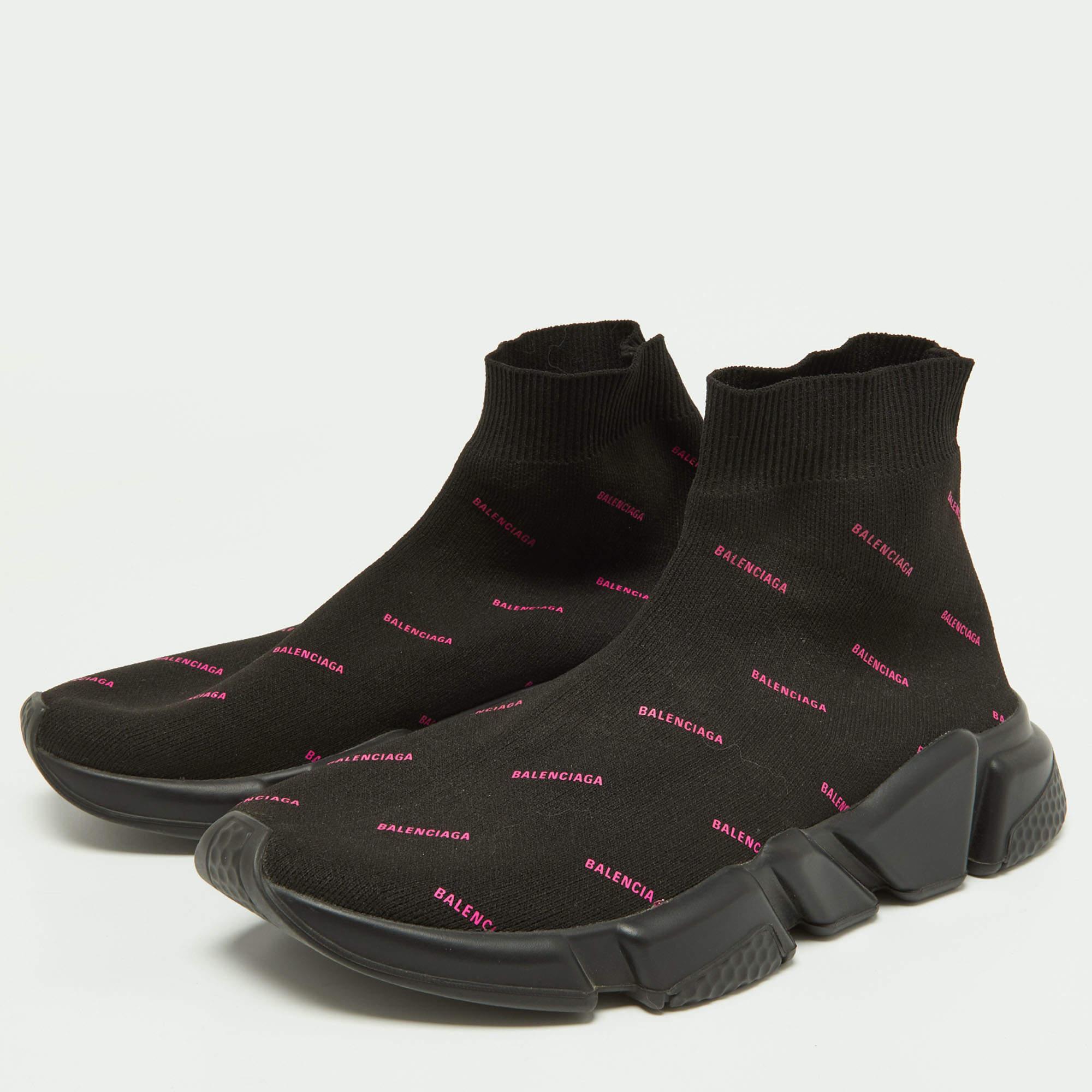 Women's Balenciaga Black/Pink Logo Print Knit Fabric Speed Trainer Sneakers Size 39