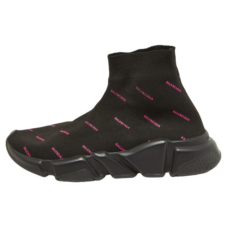 Balenciaga Black/Pink Logo Print Knit Fabric Speed Trainer Sneakers Size 39  For Sale at 1stDibs
